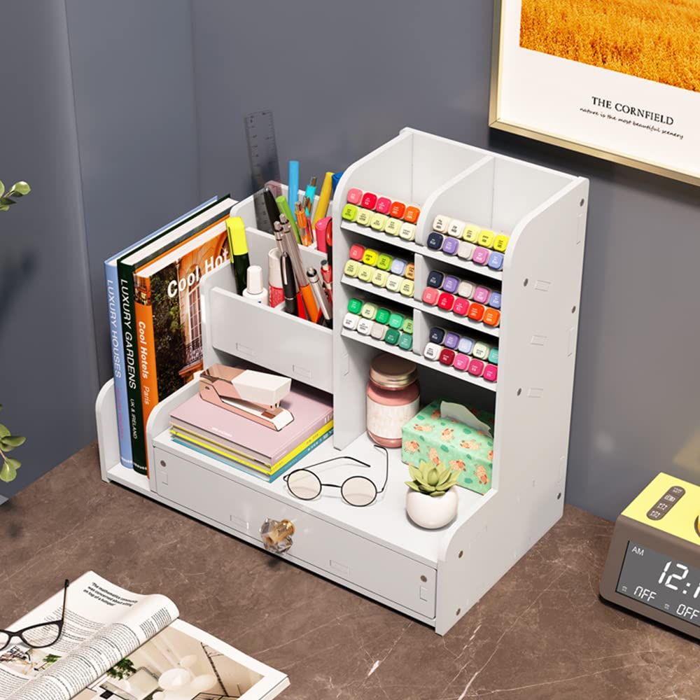 NUODWELL Organizador de escritorio con cajón, soporte para lápices y organizador de suministros de arte para el hogar, la oficina y la escuela, blanco