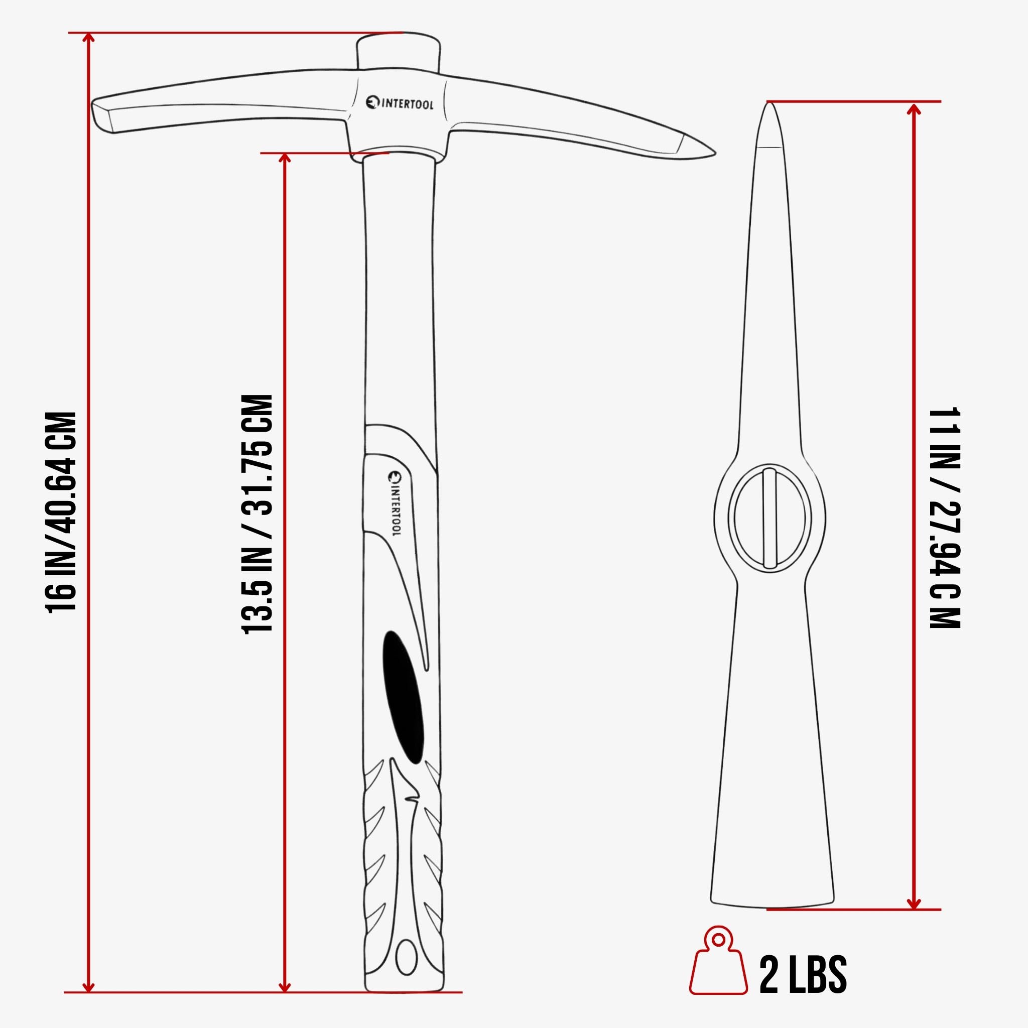 INTERTOOL Zappa a mano con becco - Zappa da 38 cm in acciaio forgiato con picco da 1,5 kg con manico in fibra di vetro antiscivolo, strumento da giardino resistente per radici, rocce, scavo e