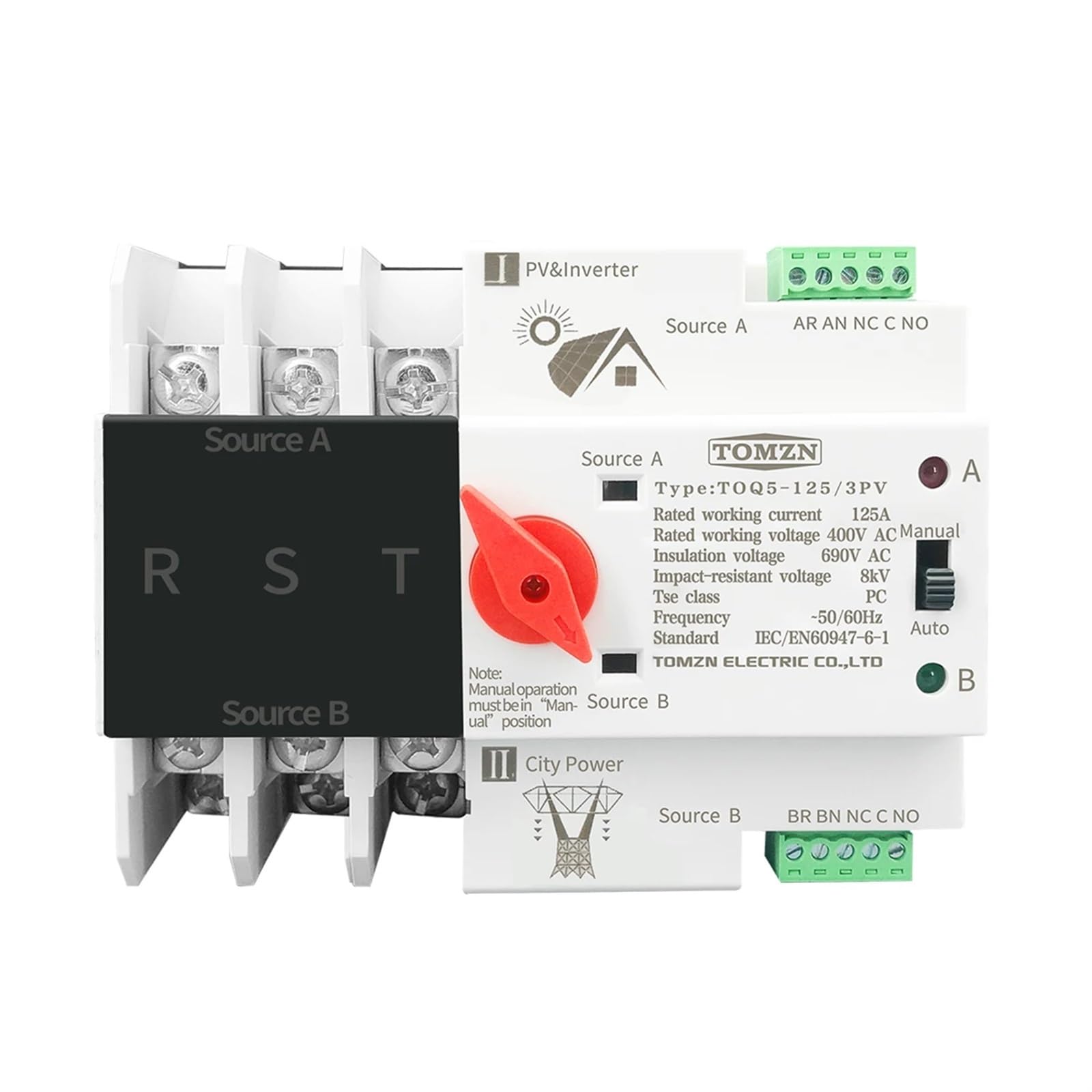 Interruptores selectores de Transferencia automática de Potencia Dual for riel DIN de 2P, 3P y 4P for PV e inversores, sin interrupción, 63 A, 100 A y 125 A(100a,4P)