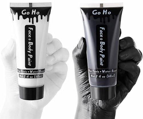 Go Ho Pintura facial y corporal en blanco y negro (4 onzas) para maquillaje de Halloween, a base de agua crema, blanco y negro, esqueleto de
