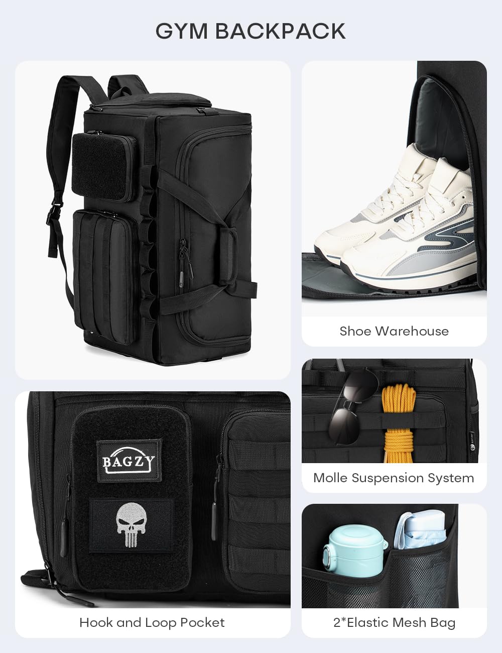 BAGZY Sac de Sport Homme 50L Sac de Voyage Tactique Militaire Imperméables Sacs Equitation 55x35x25cm Sacs d'entraînement avec Compartiment à Chaussures pour Tir Sportif Fitness Weekender Camping Noir