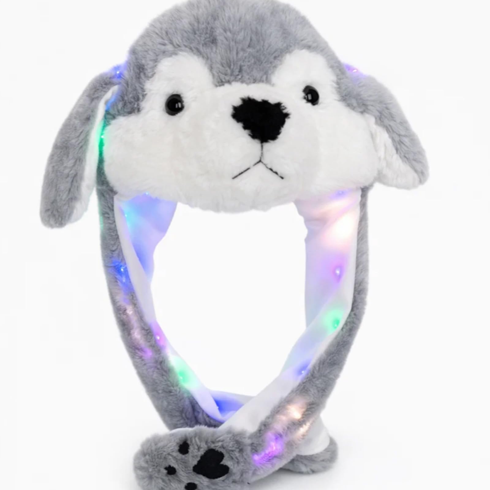 Grion Snowy Grey Puppy Drooping Ears Plush Hat With Built-In Lights - Floppy Ears Cap For Girls Women Parties Festivals Halloween Costume Photoshoots Fun Whimsical Accessory
