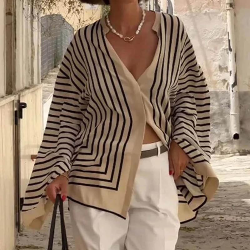Women's striped round neck long sleeved cardigan loose casual breasted shirt jacket4