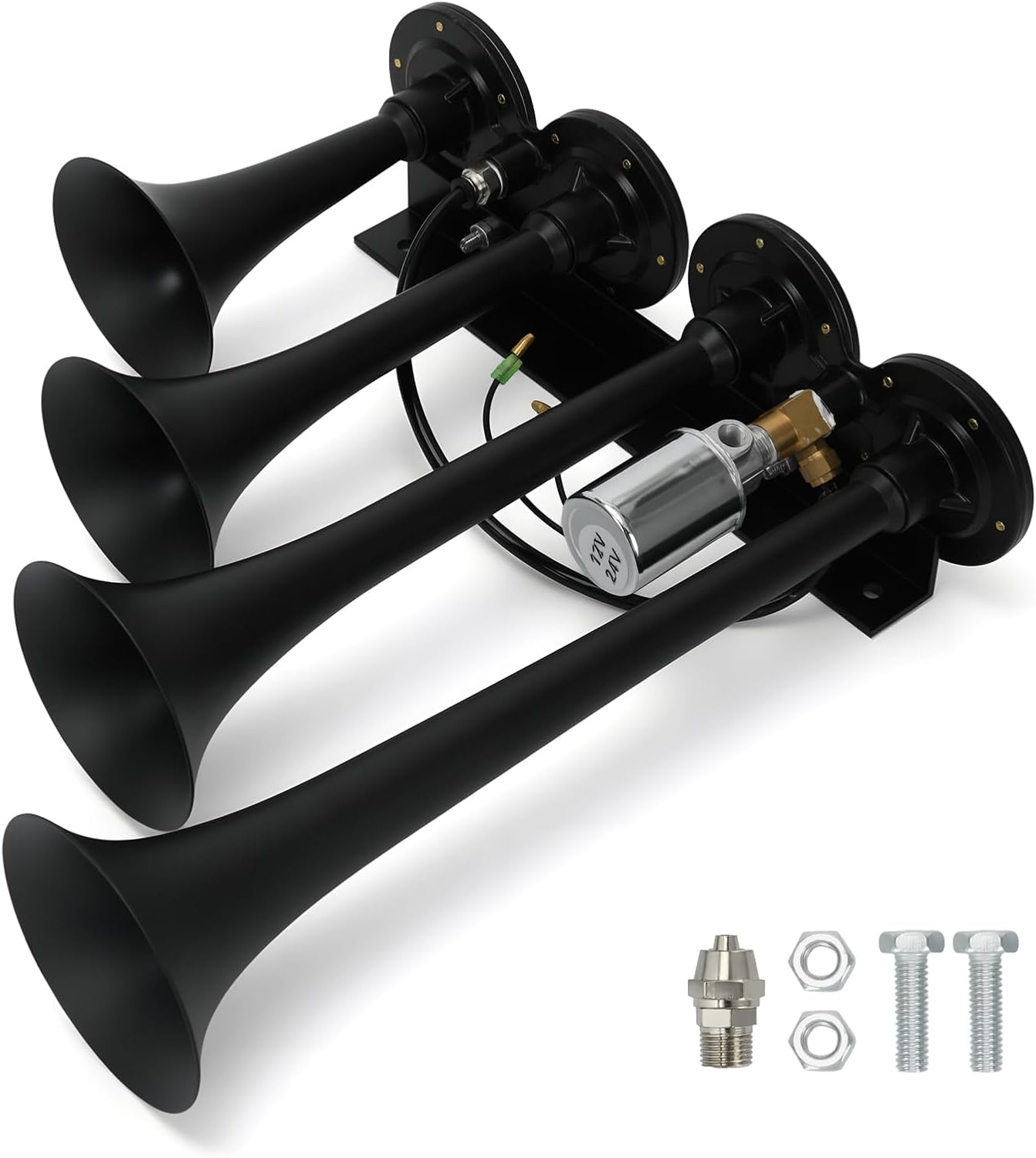 PTNHZ Single Row 4 Trumpet Air Horns Kit w/Electric Solenoid & Mounting Hardware 12V/24V Super Loud 178dB Universal for Pickup Car Jeep SUV Train Boat(Black)