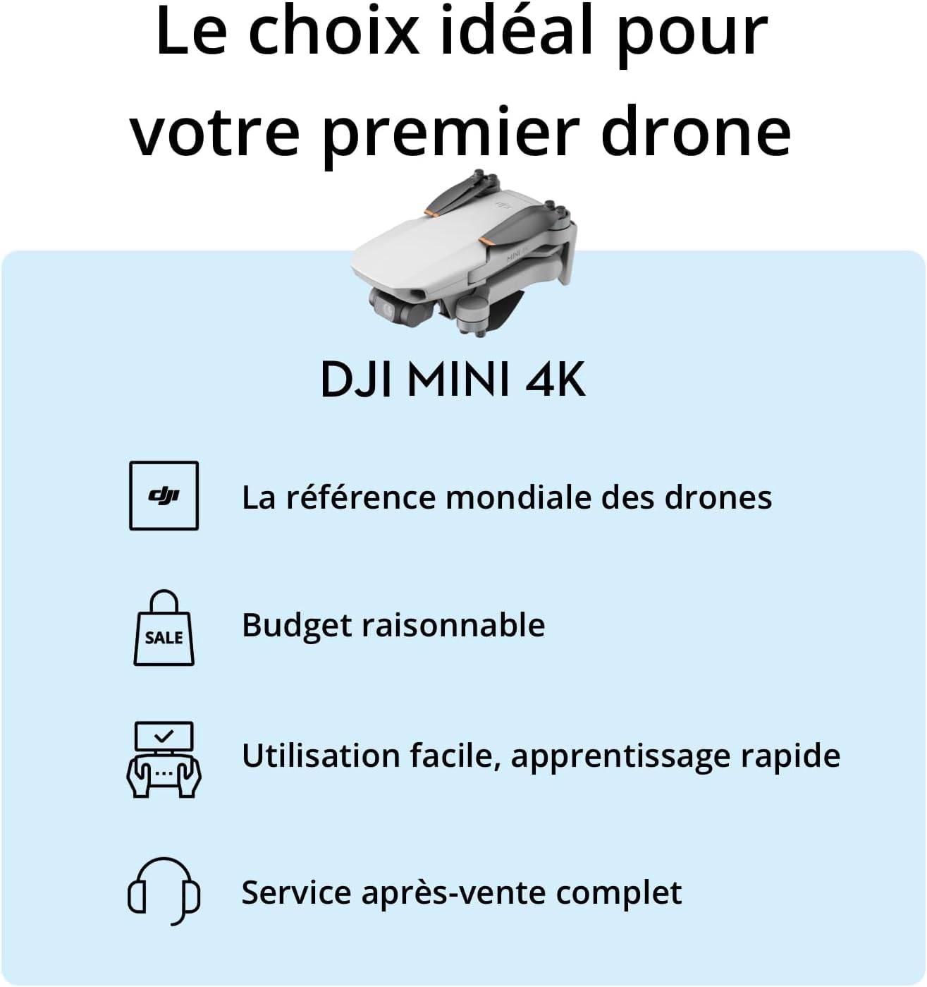 DJI Mini 4K, Drone Caméra 4K UHD, Moins de 249 g, Stabilisation de la Nacelle à 3 Axes, Transmission Vidéo sur 10 km, Retour Auto, Résistance au Vent, Temps de Vol max. de 31 min, C0, QuickShots