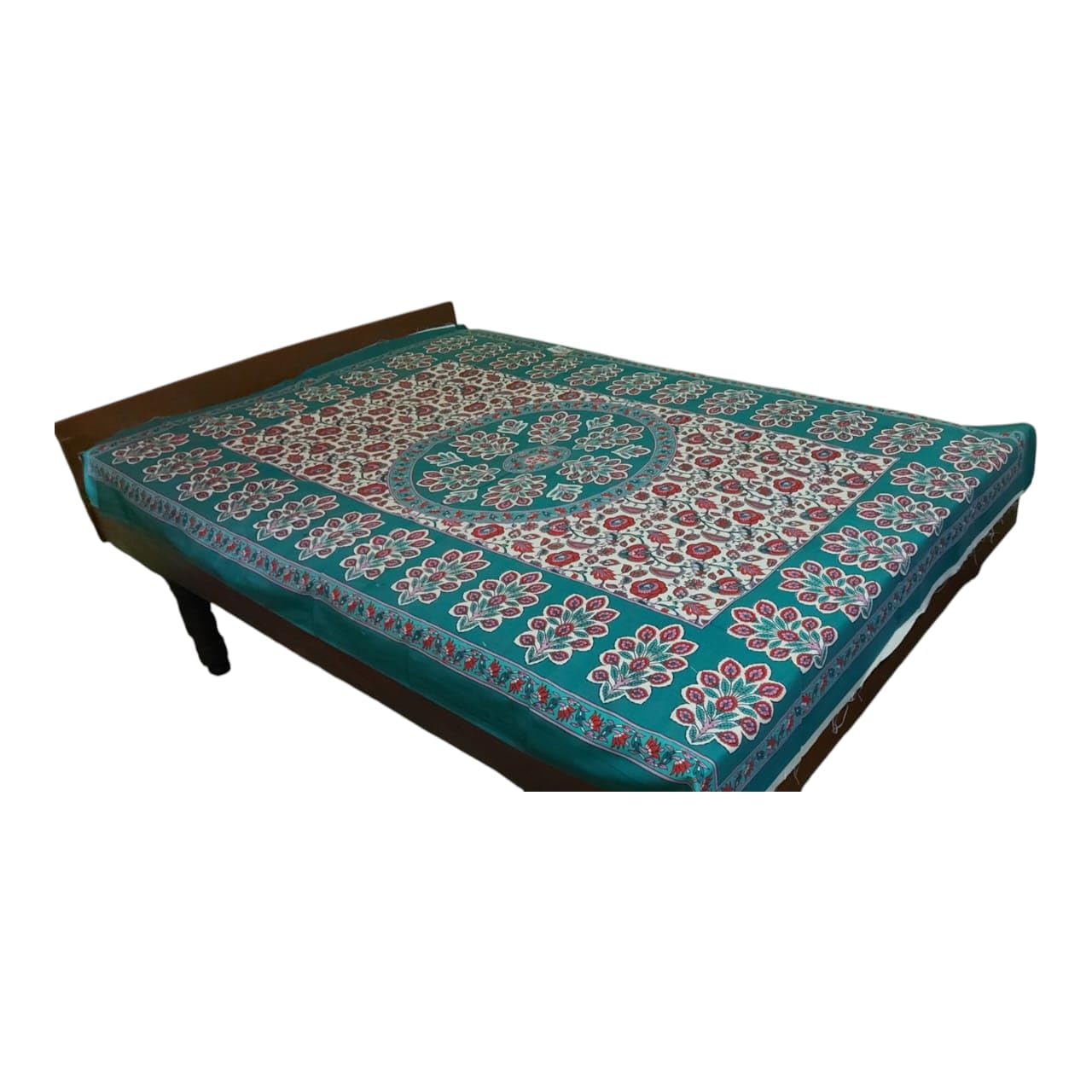 Floral Print Cotton Bedsheet, Single Size, Teal and Red Traditional Pattern, Decorative | Jaipuri Bedsheet Pure Cotton-image-28