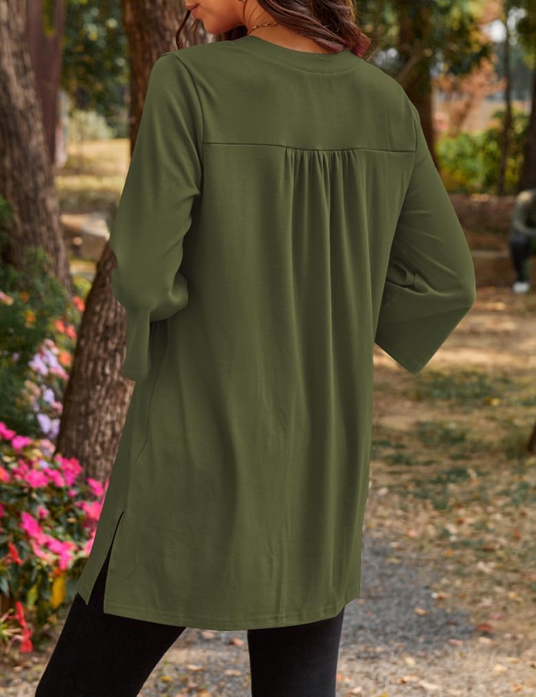 Poetsky Womens Tunic Tops 3/4 Bell Sleeve Loose Fit Tunics Dressy Casual Side Split Flare Top for Leggings S-3XL - Image 2