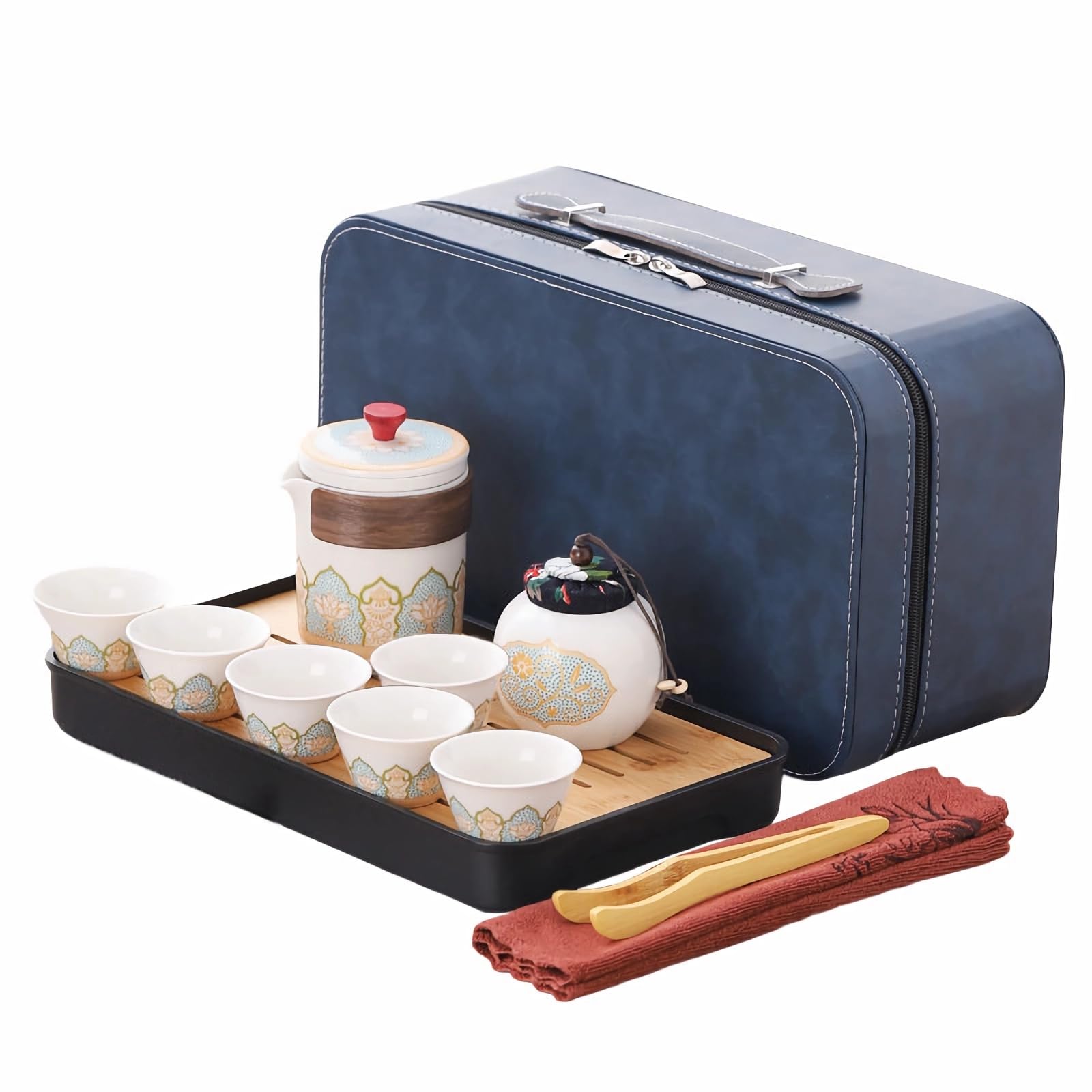 Serwis do herbaty z porcelany, chiński zestaw podróżny do herbaty z 6 ceramicznymi filiżankami, mały dzbanek do herbaty z wbudowanym sitkiem do herbaty sypkiej, elegancki, biały