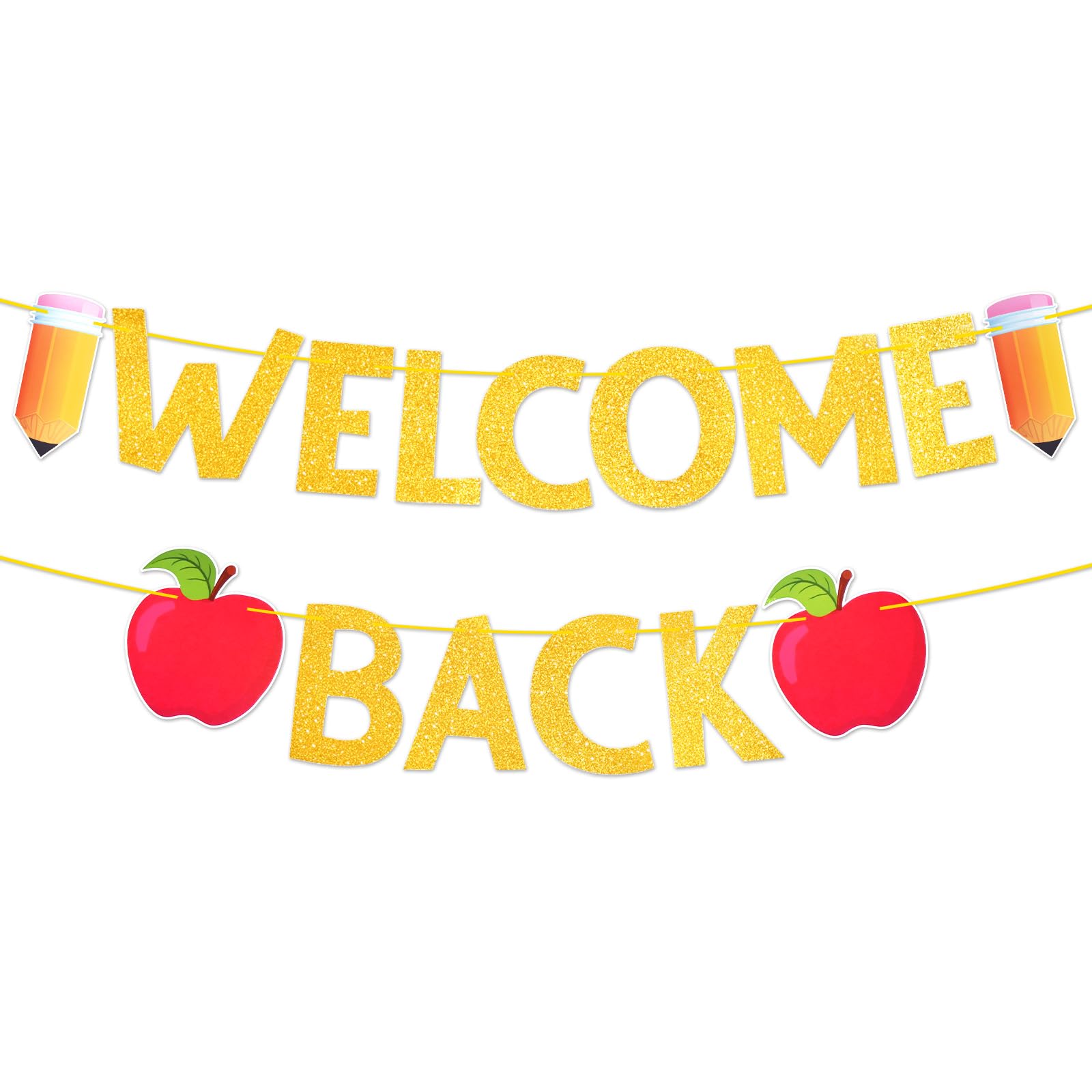 Glitter Welcome Back to School Banner - Pre-strung Hanging Paper Garland Decorations for Kindergarten Classroom, First Day of School Preschool Photo Backdrop for Wall, Hallway, Teacher Office Supplies