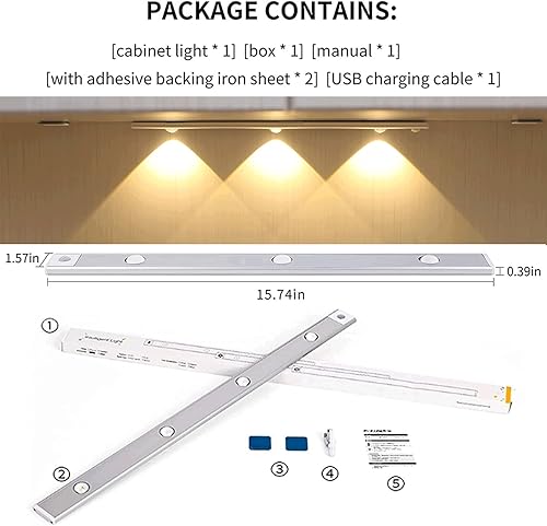 Miniatura 4 de Luz magnética inalámbrica para debajo del gabinete de 15.7 pulgadas, con sensor de movimiento, luz nocturna recargable por USB con control remoto,
