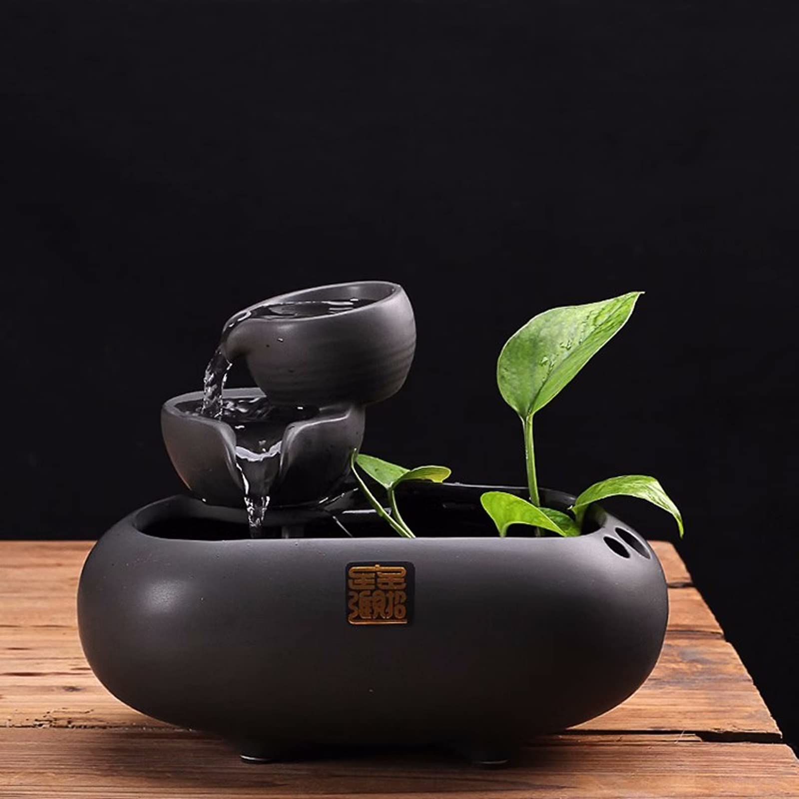 Fuente de Mesa Decorativa para Interior, Fuente de Agua con Cascada, de cerámica, con Bomba de Agua, Zen, decoración para salón, Oficina, Escritorio, 23,5 x 16,5 x 18 cm, Negro