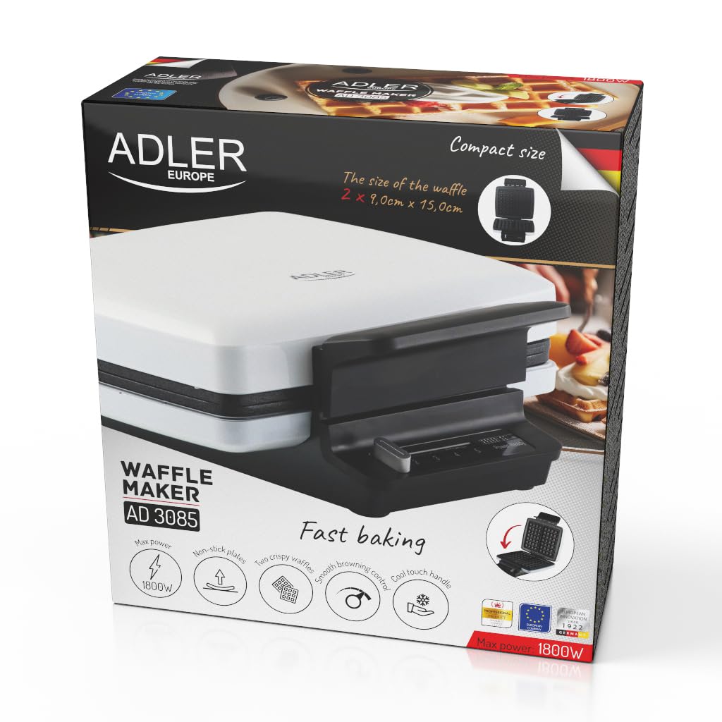Adler Gofrera Eléctrica AD 3085, 5 Niveles de Temperatura, Placas Antiadherentes, Color Blanco y Negro