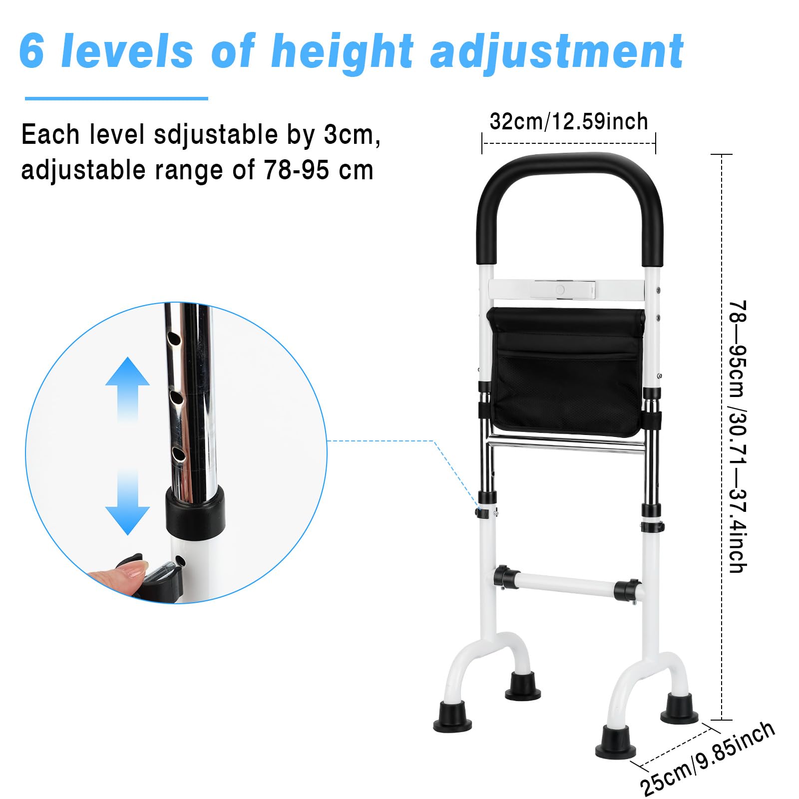 Ausili Alzarsi Letto 78-95CM Regolabili Supporto per Alzarsi dal Letto con Luce LED Capacità136KG Ausilio per Stare in Piedi su Divani, Letti, Accanto Alla Toilette per Anziani e Disabili