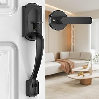 Front Door Handle, Black Exterior Door Handle with Passage Lever, Vintage Front Entry Door