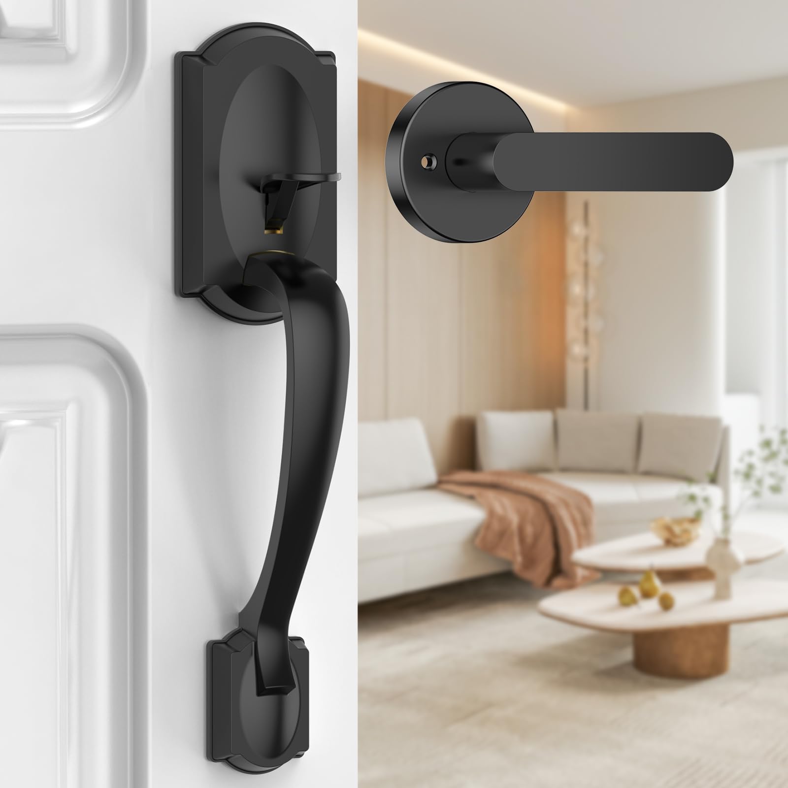 Front Door Handle, Black Exterior Door Handle with Passage Lever, Vintage Front Entry Door Handle No Lock, Reversible for Left &amp; Right Handed Doors, Lower Half Grip