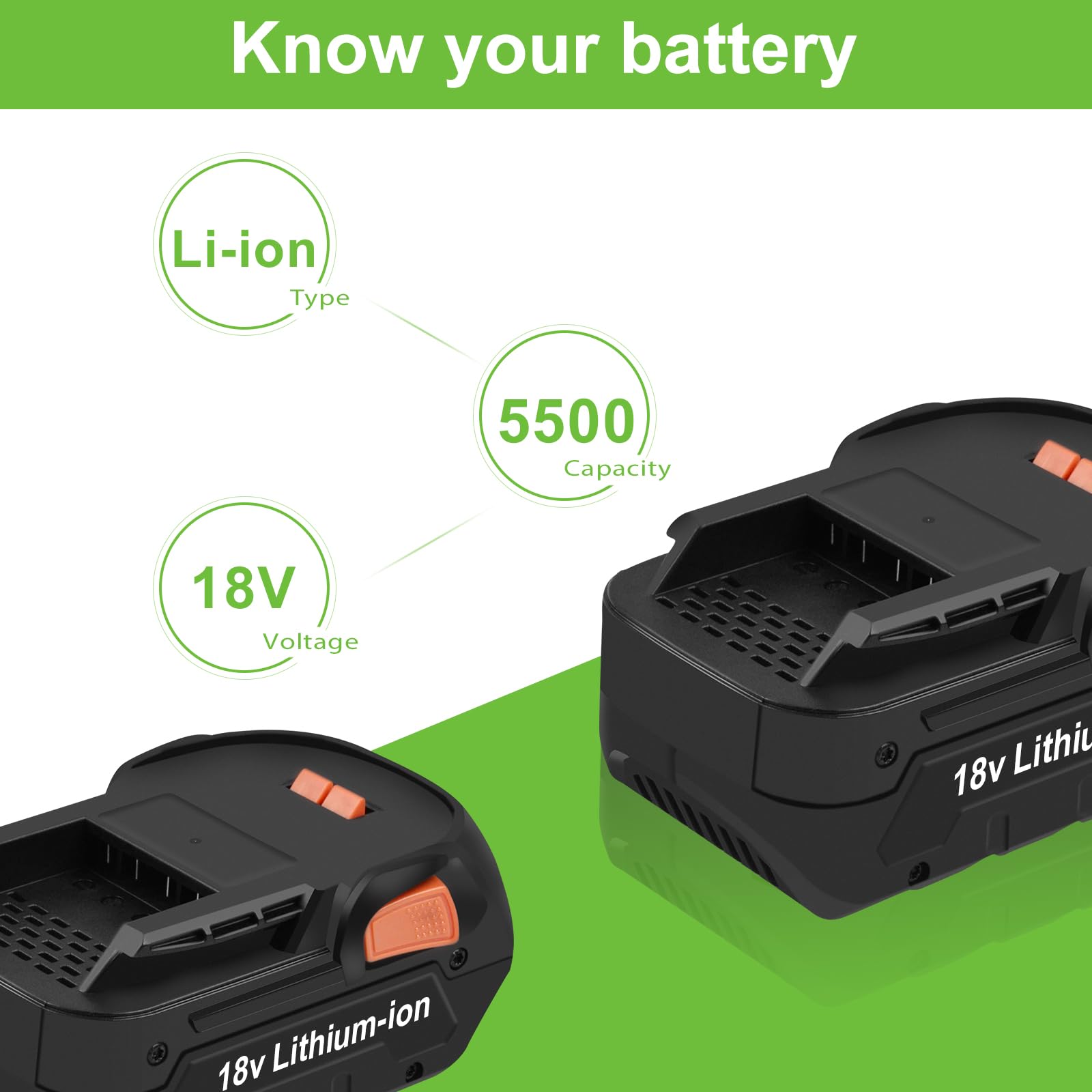 Batería de ion de litio de repuesto para AEG L1815G L1820R L1840R L1850R (18 V, 5500 mAh)