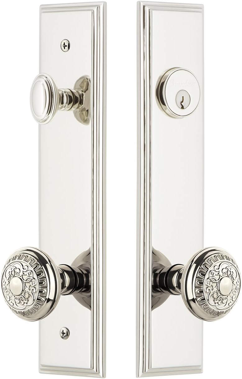 Grandeur Hardware 840425 Carre' Tall Plate Complete Entry Set with Windsor Knob, Backset Size - 2.375", Vintage Brass