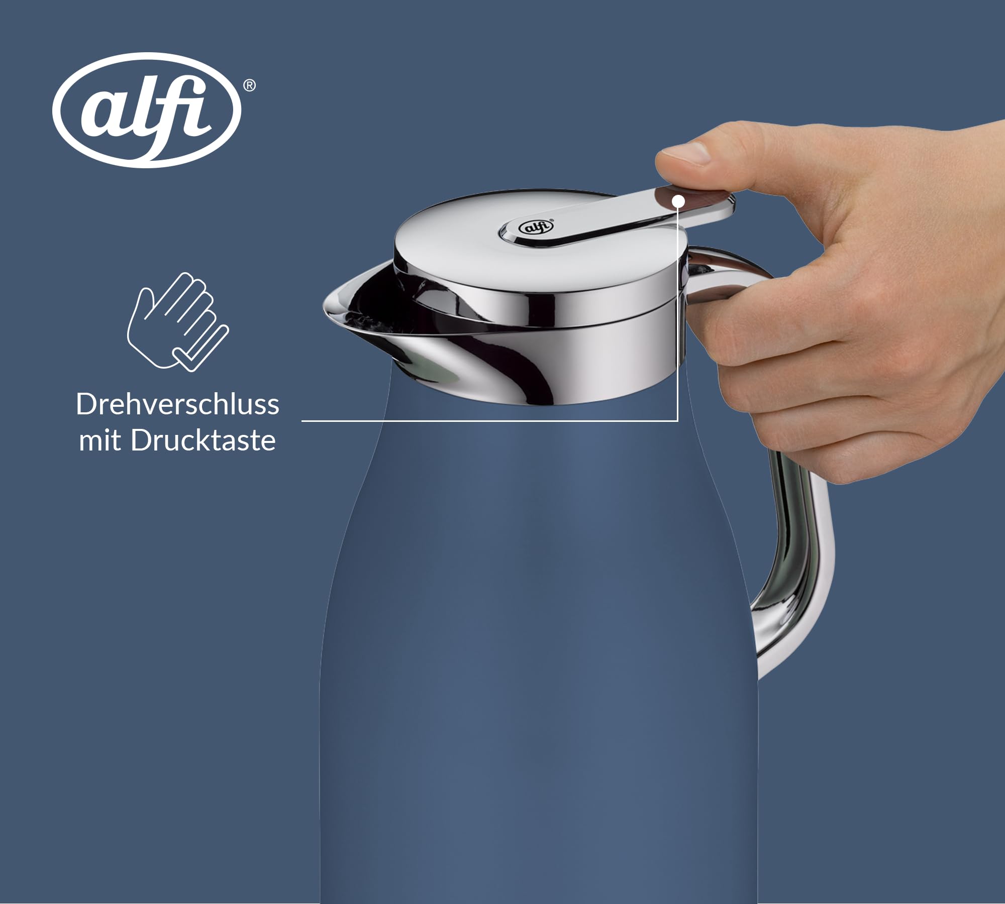 alfi SKYLINE 1,0l, deep water, Edelstahl-Isolierkanne mit hygienischem Hartglaseinsatz, Drehverschluss mit bequemer Drucktaste, ergonomischer Griff, ideal als Kaffeekanne, Teekanne, BPA-frei