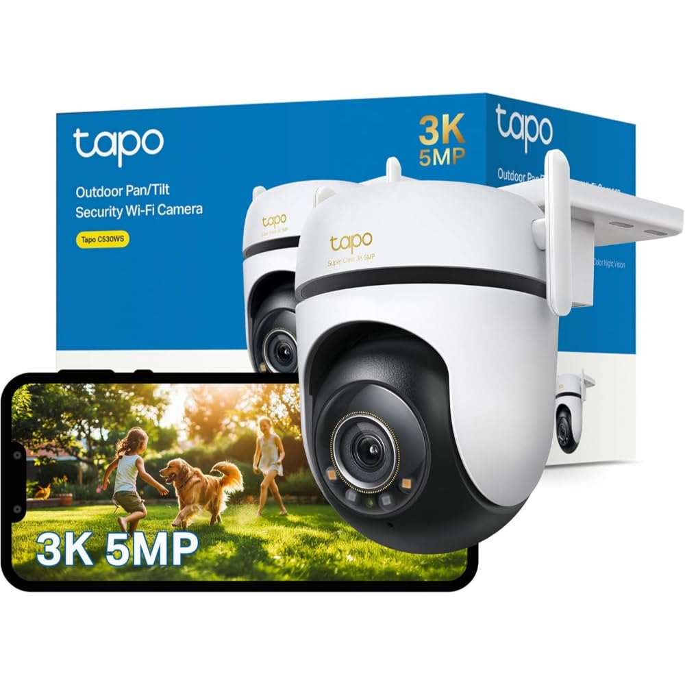 TP-Link Tapo 3K 5MP Pan/Tilt Outdoor Wired Security Wi-Fi Camera, 360° Visual Coverage, Starlight Full-Color Night Vision Up to 98ft, Person/Pet/Venicle Detection,Physical Privacy Mode (Tapo C530WS)