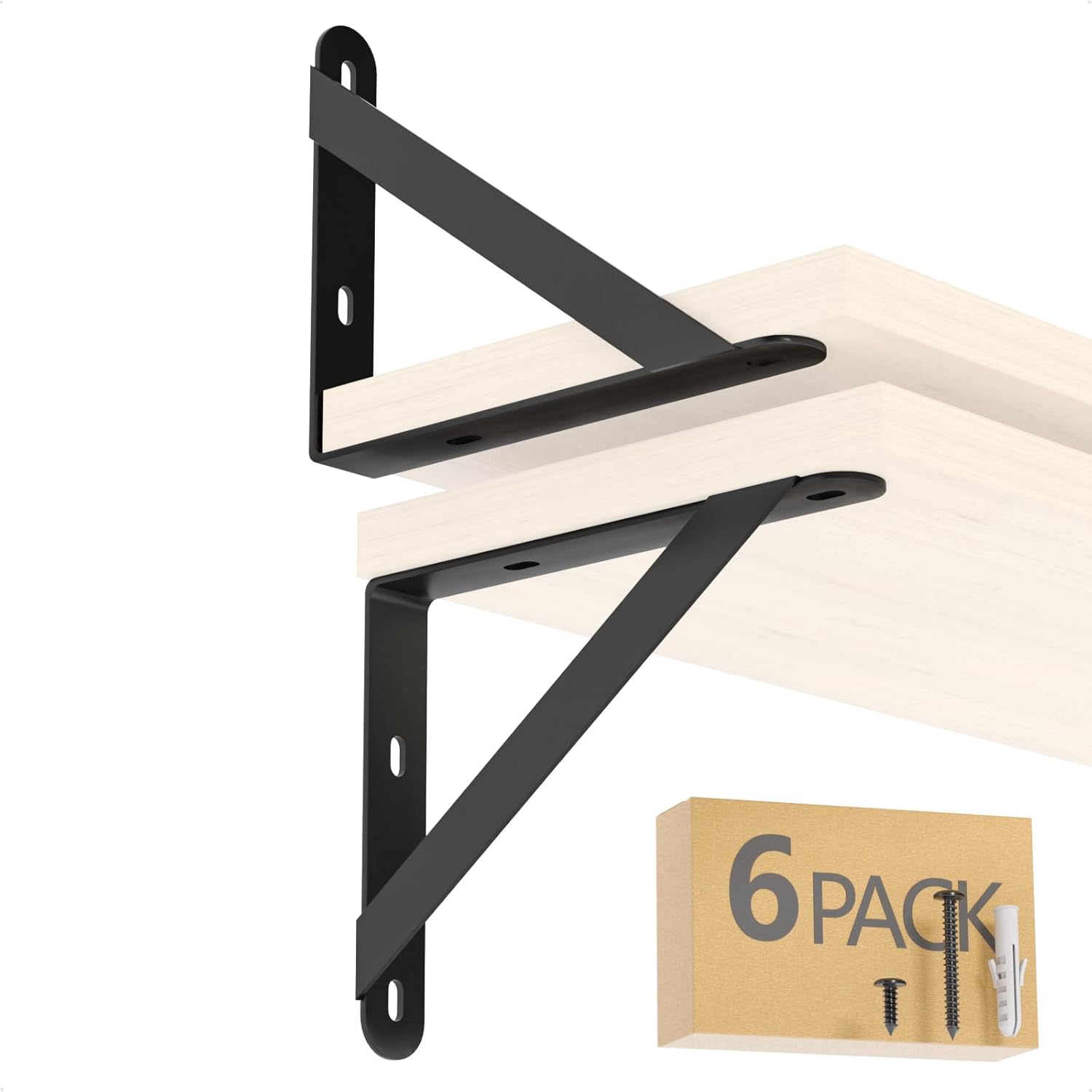 6x4.5 Shelf Brackets 6-Pack, Shelf Support Shelf Holder Steel Wall Mount Heavy Duty Small L Shape Triangle 90 Degree Metal Black with Screws Anchors Soporte de Estante 6"x4.5" (6 PACK)