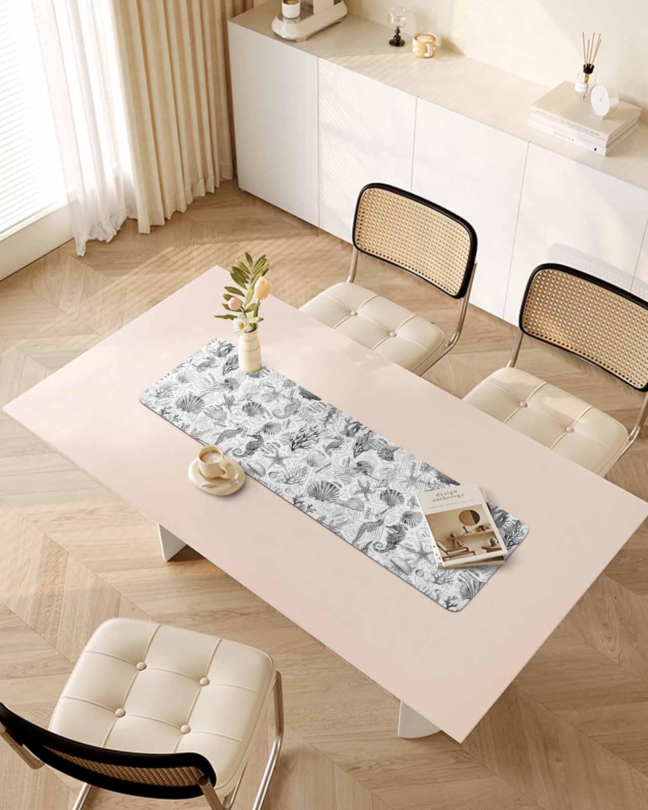 Debedcor Heat Proof Table Pads Waterproof Decorative, Grey Coral Coastal Non-Slip Table Countertop Protector, Summer Nautical Jellyfish Shell Insulation Mat for Kitchen Room, 40 x 12 Inches
