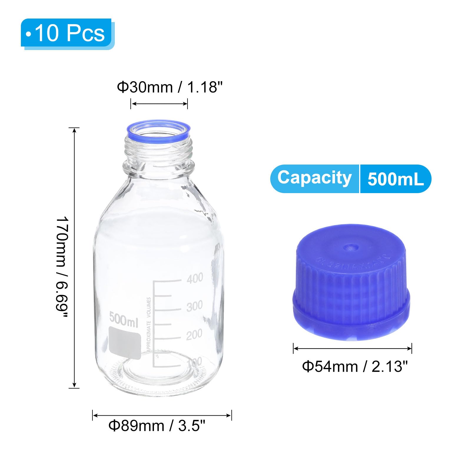 PATIKIL 10er Pack Reagenzglas-Aufbewahrungsflaschen 500ml Borosilikatglas Graduierte Runde Flaschen Mit GL32 hellblauer Schraubverschluss Für Labor Wasser Reagenzflüssigkeiten Klar