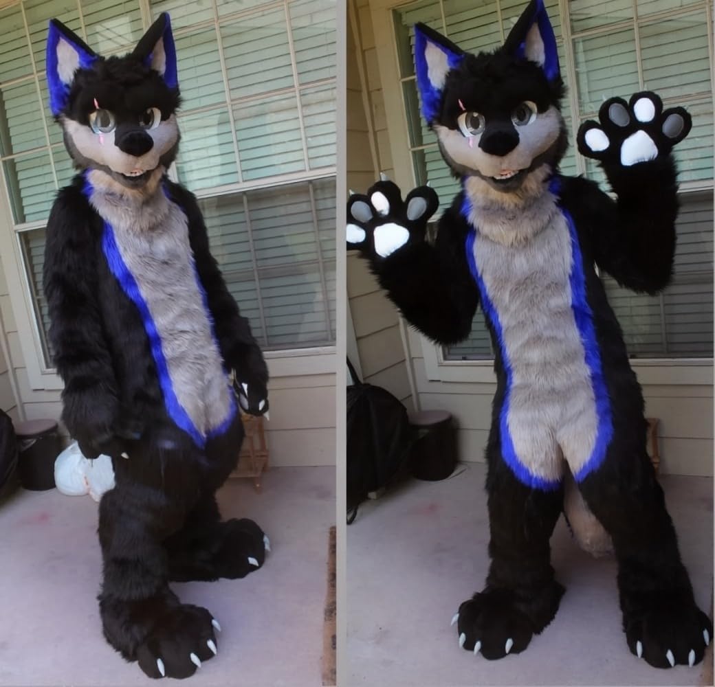 Black Long Fur Furry Husky Fursuit Mascot Costume Adult Cartoon Character Suit