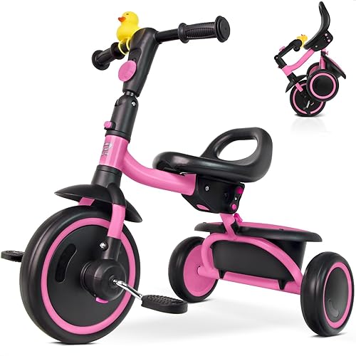Triciclo para niños de 18 meses a 5 años, triciclos plegables para niños de 3 a 5 años, triciclo para niños con asiento ergonómico ajustable y cesta