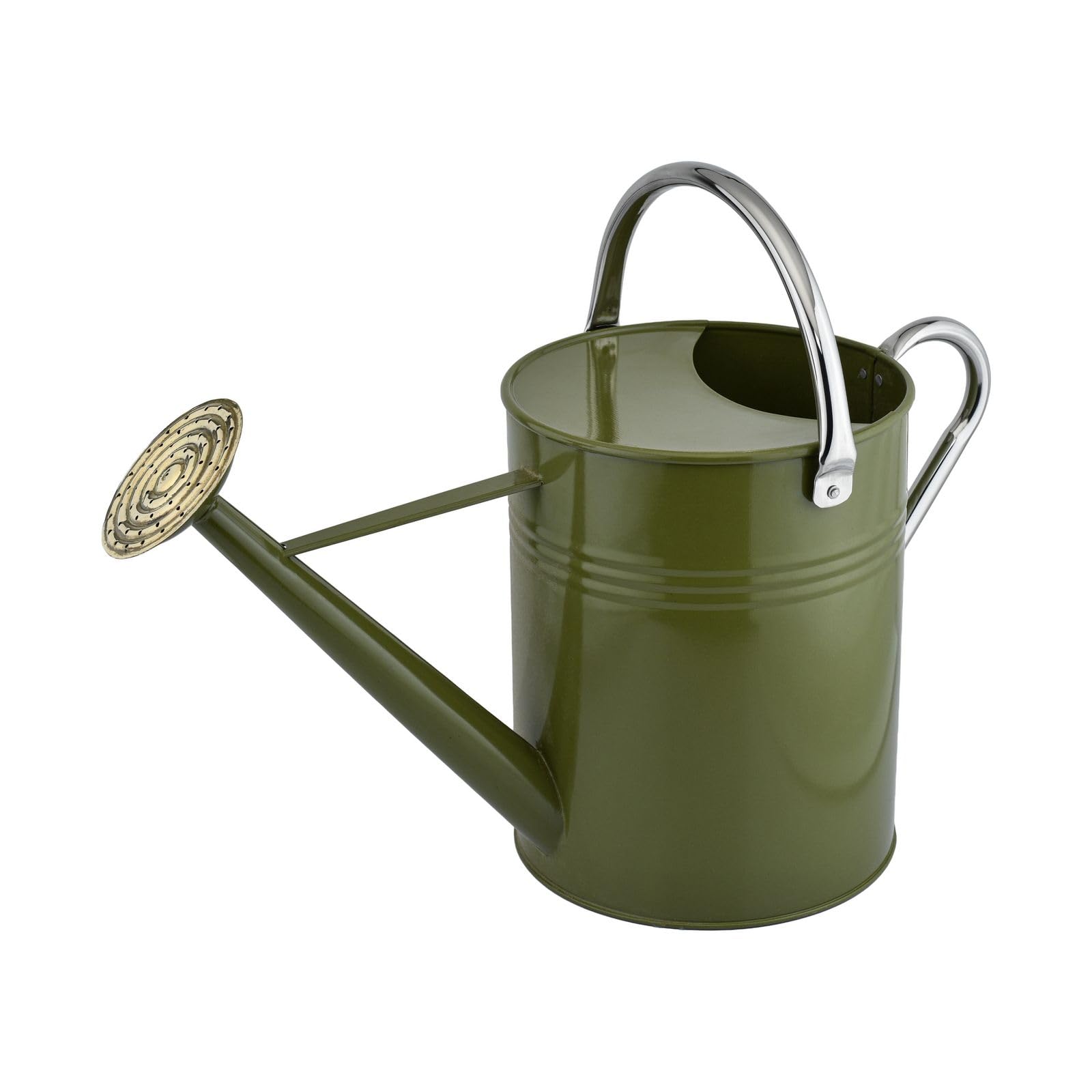 OptiProducts Garden Watering Can 9L / 2 Gallon – Dark Green Galvanised Metal Steel Watering Can with Brass Rose, Adjustable Carry Handle & Removable Sprinkler Head