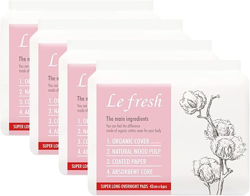 Lefresh Maxi almohadillas orgánicas con alas Superlargas durante la noche, 24 unidades Absorción pesada - Sin perfume - Vegano - Sin cloro -