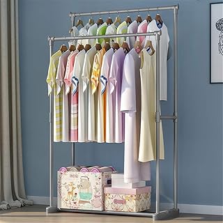 Portemanteau Portable | Porte-Vêtement Robuste Autoportant Avec Porte-Vêtement Double Et Ensemble Sans Outil | Parfait Pour Votre Chambre, Bureau Ou Maison | Tiges De Suspension À 2 Côtés,Argent