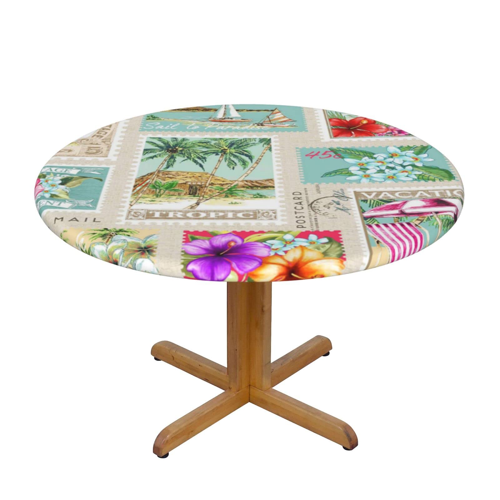 Lsjuee Round Fitted Tablecloth 40-44in Elastic Edged Table Cloth for Kitchen Dining Party Home Decor - Vintage Hawaii Landscape Cream