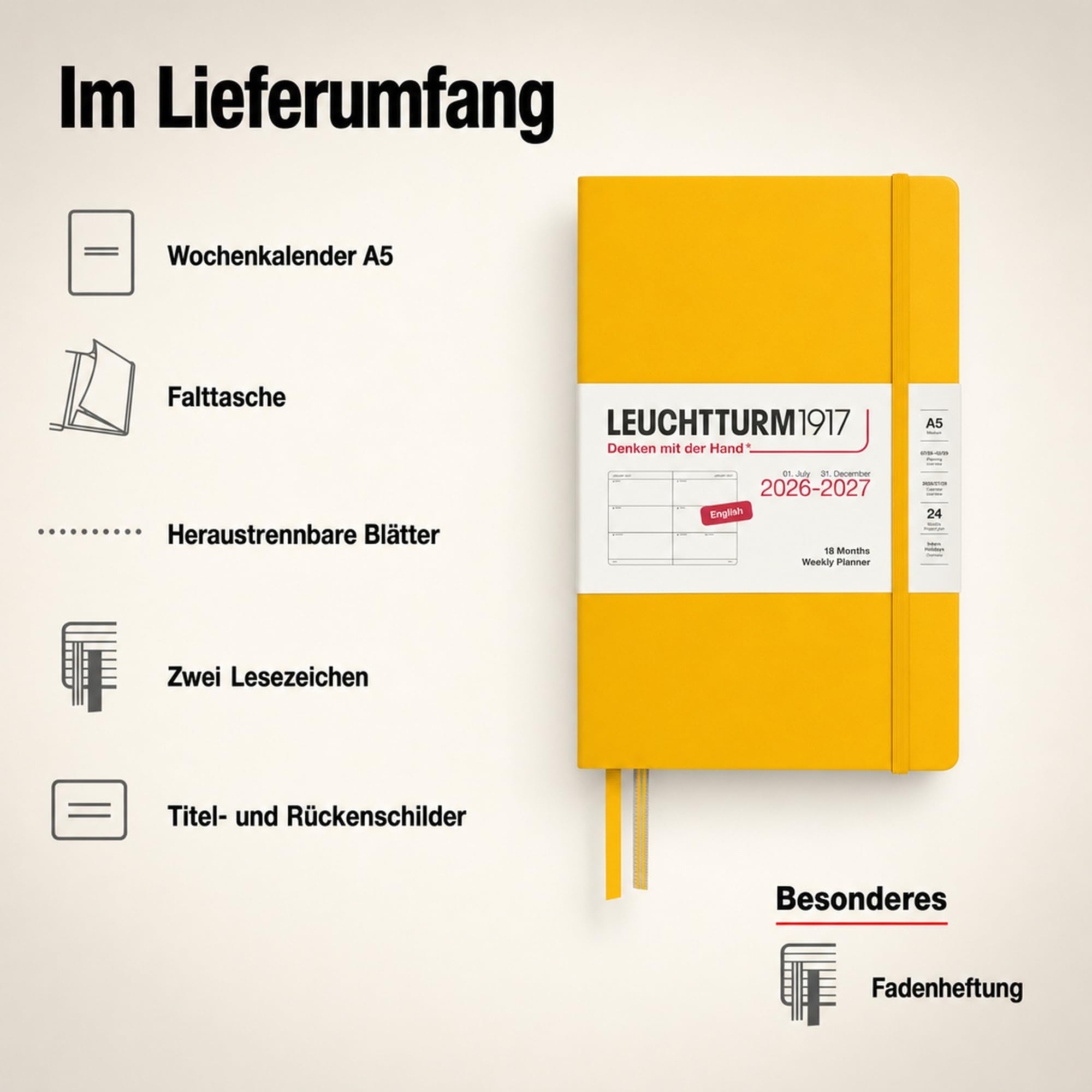 LEUCHTTURM1917 Agenda semanal 2027 tamaño mediano (A5) – Inglés, girasol, tapa dura, 145 x 210 mm, 18 meses – 07. 2026 – 12/2027, 1 semana por página doble, papel de 80 g/m² con alta compatibilidad