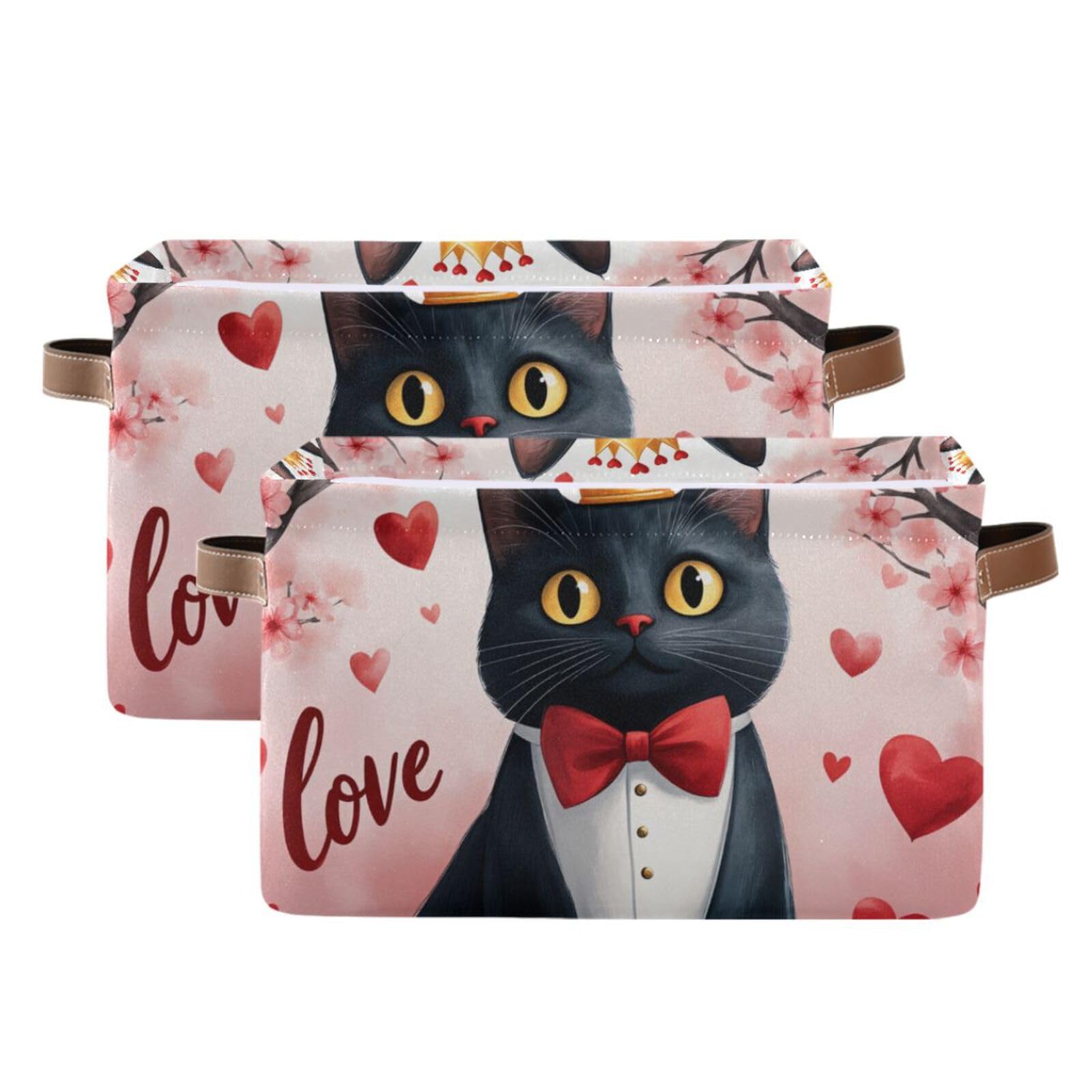 Aslsiy Storage Basket Black Cat with Bow Heart Pink (4) Nursery Bins Valentines Baby Canvas Box Clothes Shelf Basket Laundry Hampers 2 Pcs