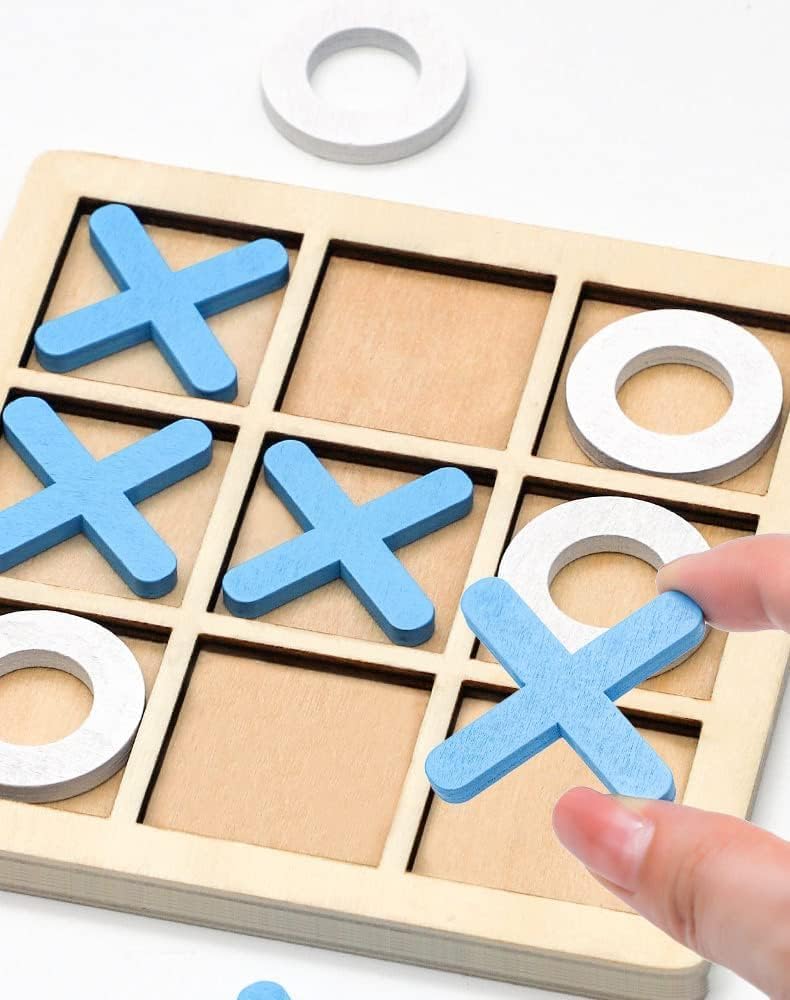 Wooden Tic-Tac-Toe Game Board, 14cm x 14cm, Classic Design, Blue and white