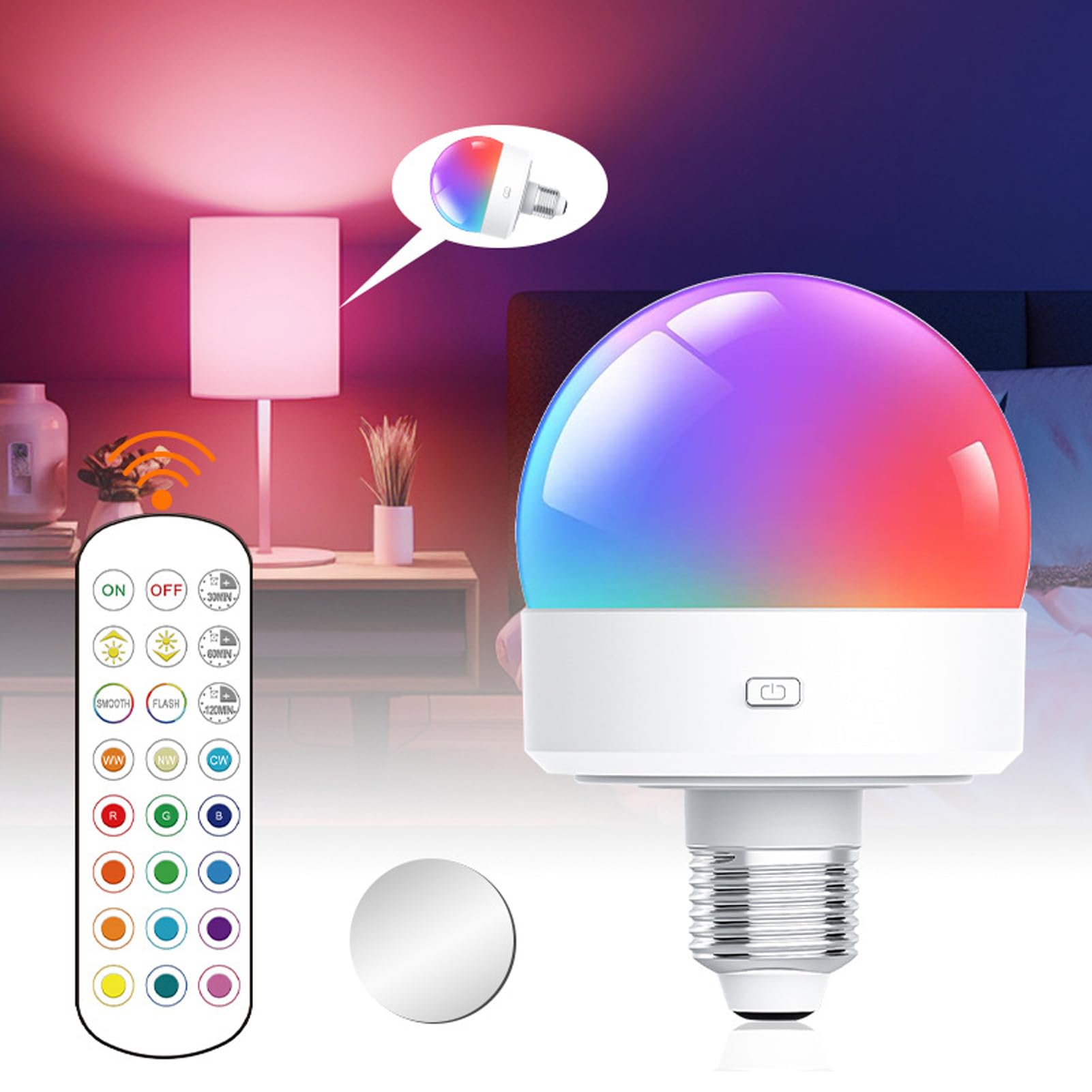 Muiltvoe E26 Magnetic Light Bulb, Rechargeable Battery Operated Light Bulb with Remote Control Timer Dimmable RGB LED Lights for Bedroom