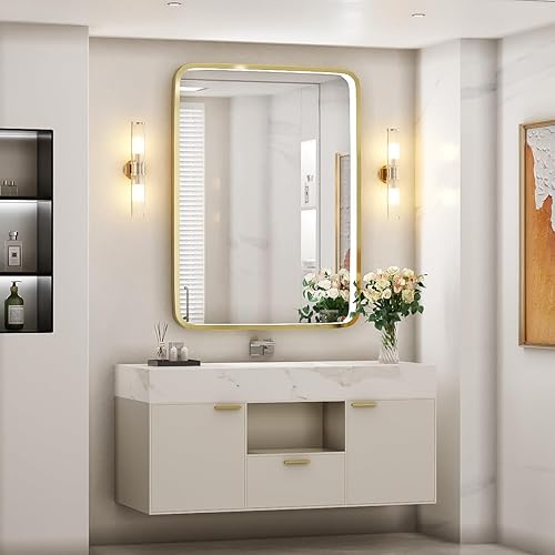 Miniatura 2 de Espejo de baño LED de 28 x 36 pulgadas con luces, espejos de tocador iluminados para montar en la pared con marco de metal dorado que no se oxida,