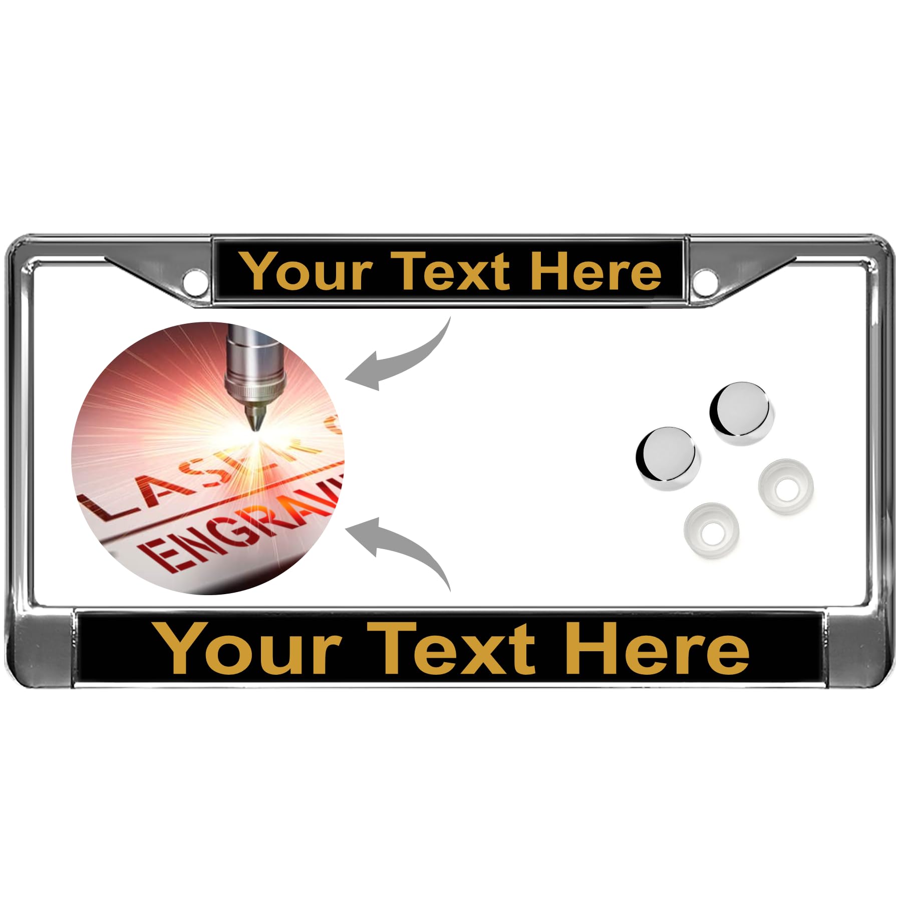 Custom Chrome Metal Standard Car License Plate Frame - Black/Gold Text