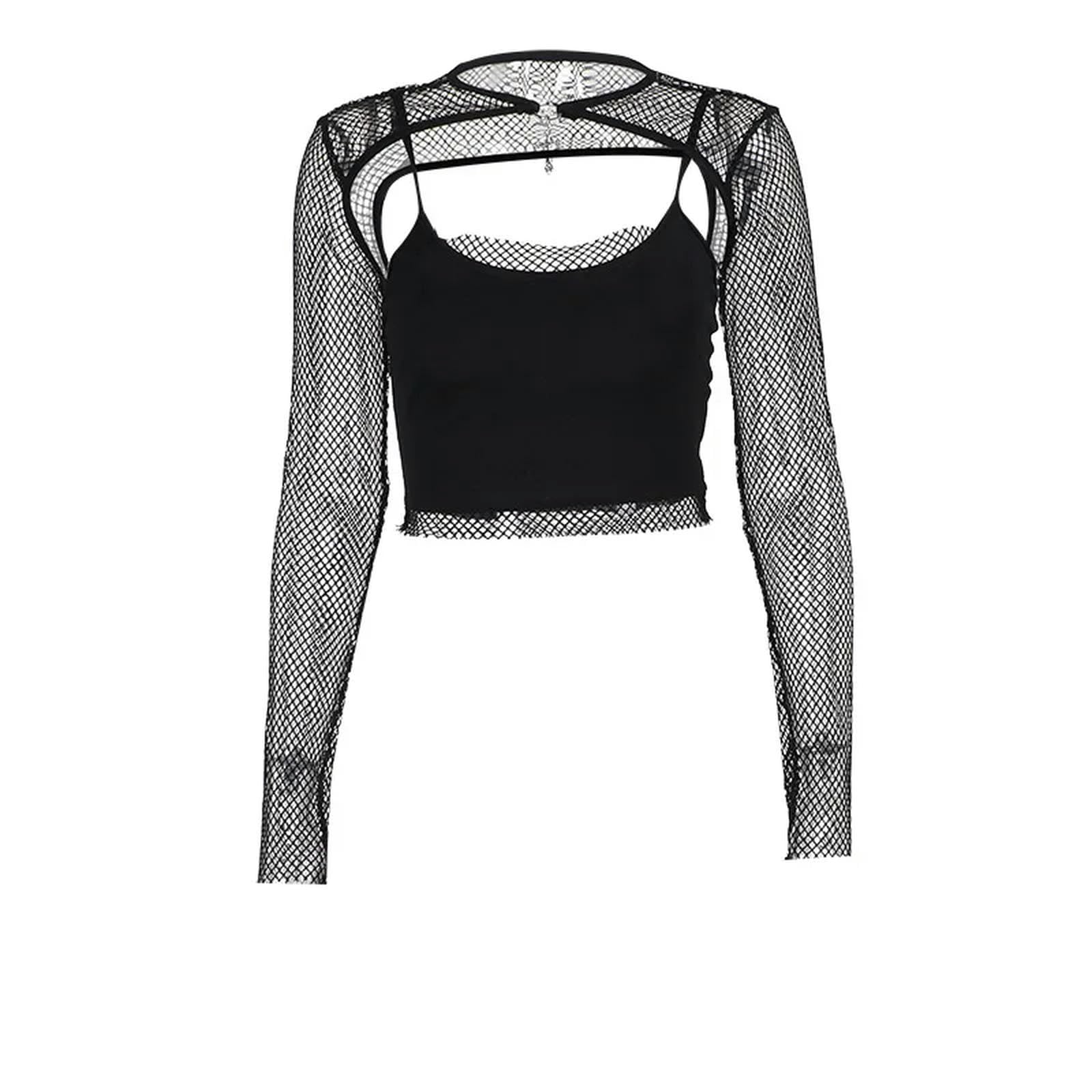 Gothic Hollow out Fishnet Sling Cross Set Women Long Sleeve See Through Crop Tops T-Shirt Y2K tee Top Blouse-Black-L
