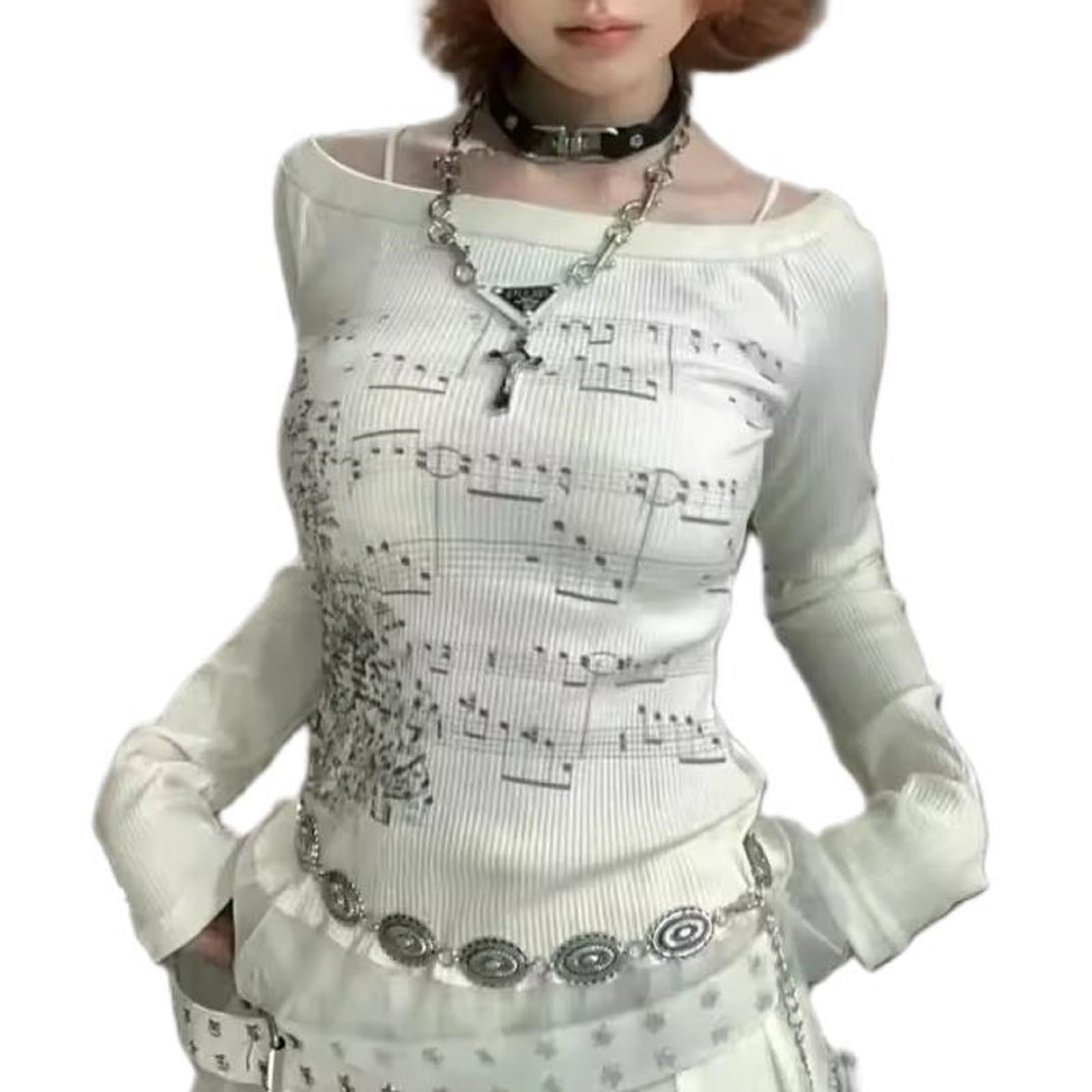 Womens Coquette Off Shoulder Tops Long Sleeve Boat Neck Music Note Graphic Shirt Slim Fit Aesthetic Fairy Grunge Clothes (White, L)