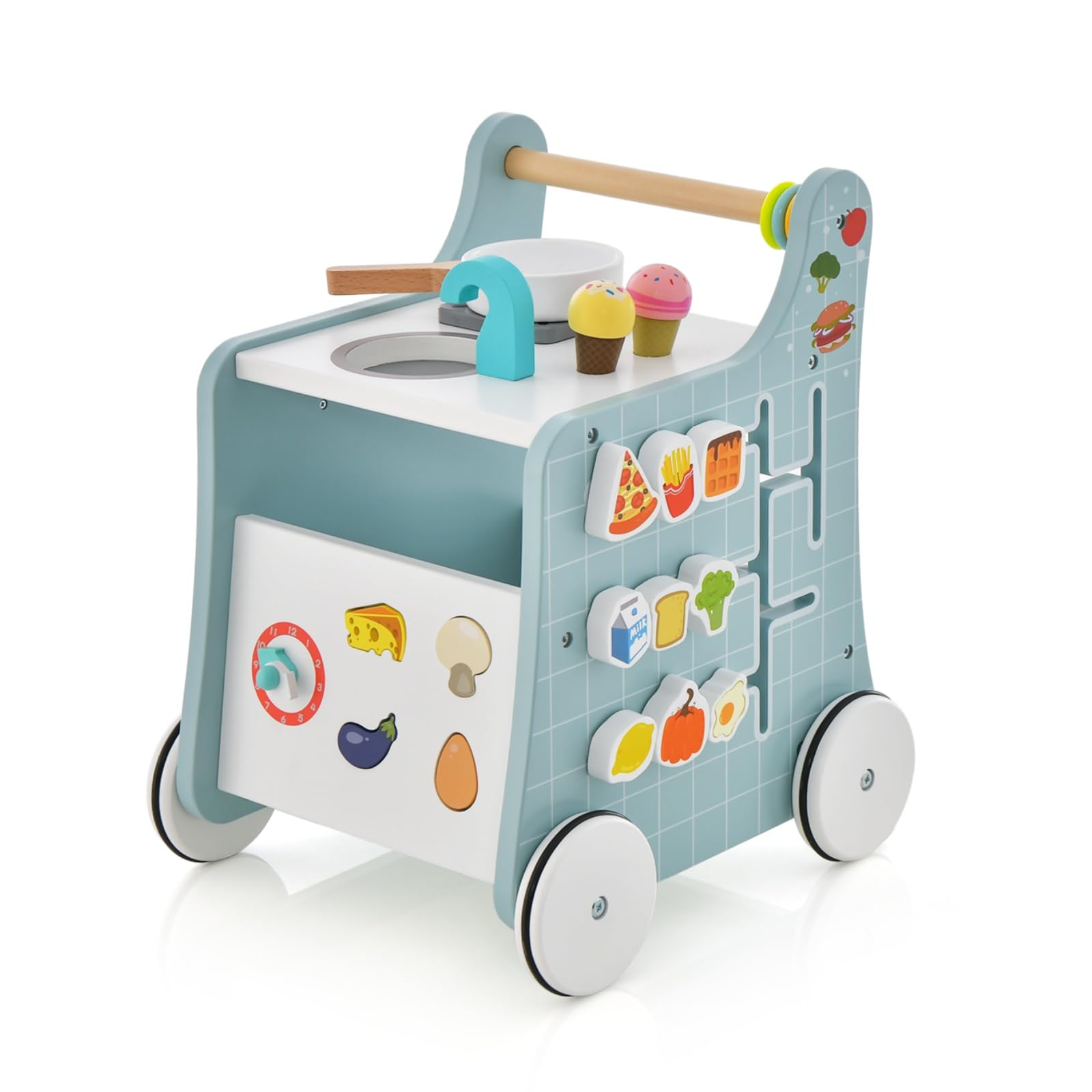 LIFEZEAL Girello per Bambini, Girello Neonato, in Legno, Girello con Giocattoli Montessori, Baby Walker, Primi Passi, Carrellino per Bimbi da 12 mesi a 36 mesi, Carrello Primi Passi con Ruote, Blu