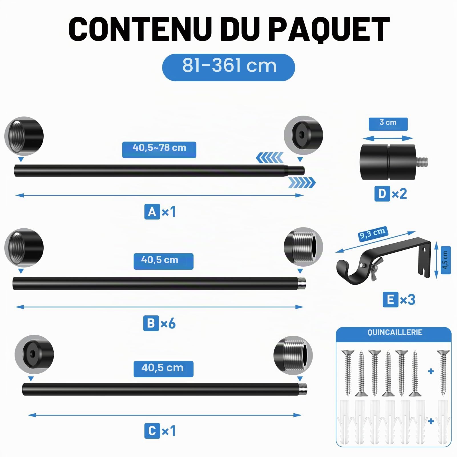 WELDUN Tringle à rideaux extensible en métal robuste pour fenêtre - 81 à 361 cm - Pour rideaux à œillets de 20 mm de diamètre - Noir
