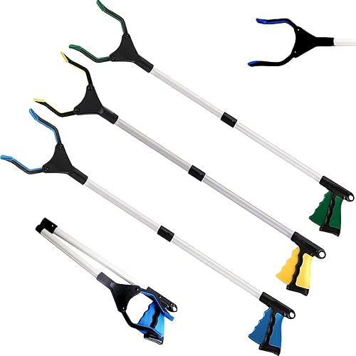 WAWW Paquete de 3 herramientas de agarre – Garra plegable de 32 pulgadas para ancianos, agarrador de palo, recogedor de arena práctico extra largo,