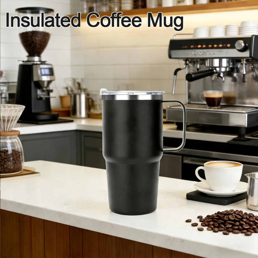 Sursip Isolierter Becher mit Griff, doppelwandiger Vakuum-Edelstahlbecher mit Strohhalm und 2 Deckeln, für kalte/heiße Getränke, Kaffee-Reisebecher für Auto/Zuhause/Büro/Party/Camping (2 Stück)