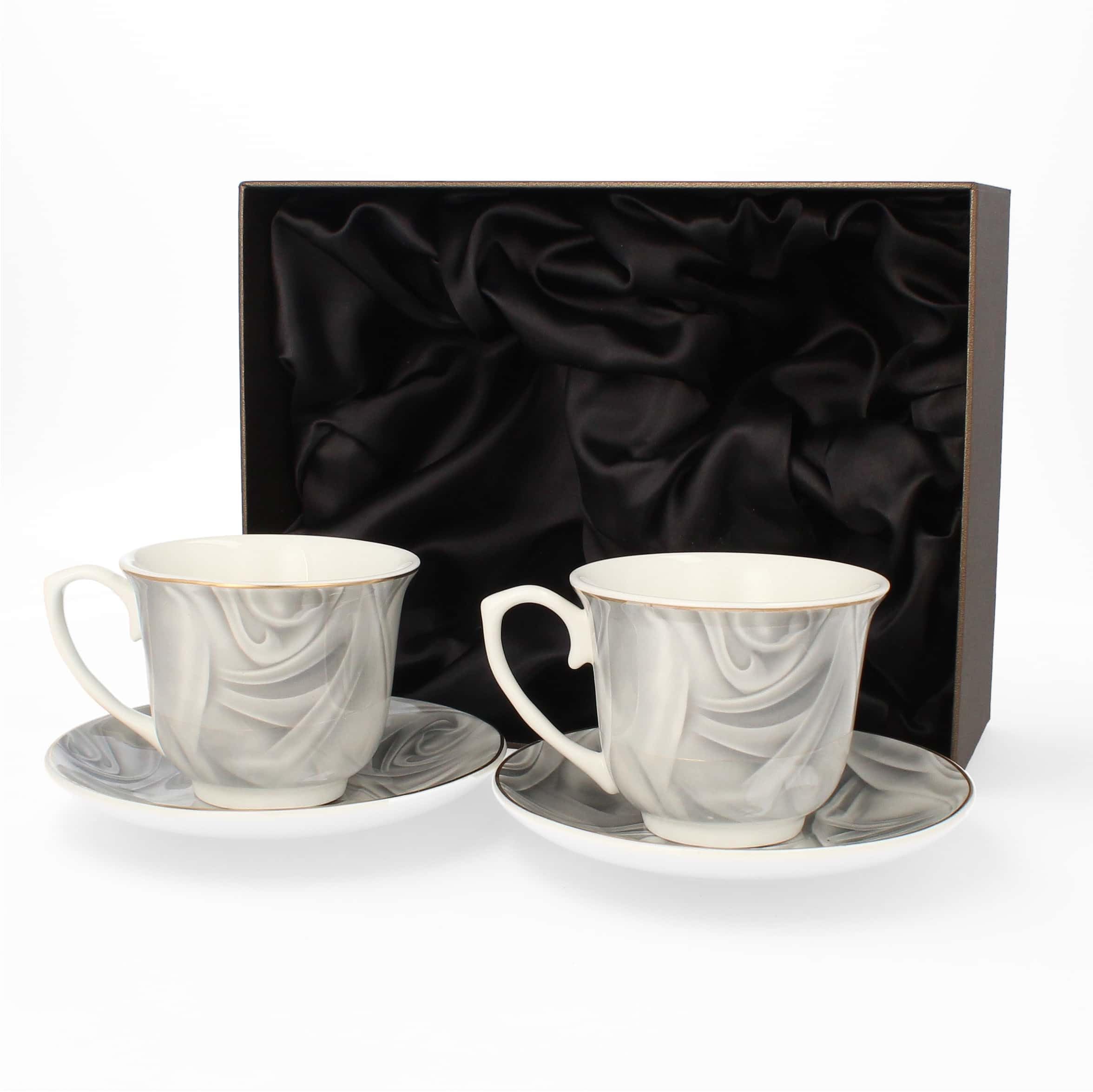 LIVELLO Set aus 2 Porzellantassen mit Untertassen 250 ml Elegante Kaffeetassen im Geschenkset Kaffebecher Kaffe-Tasse Porzellan Pott Tee Küche Restaurant Tassen Becher Perfekt Tee Grau