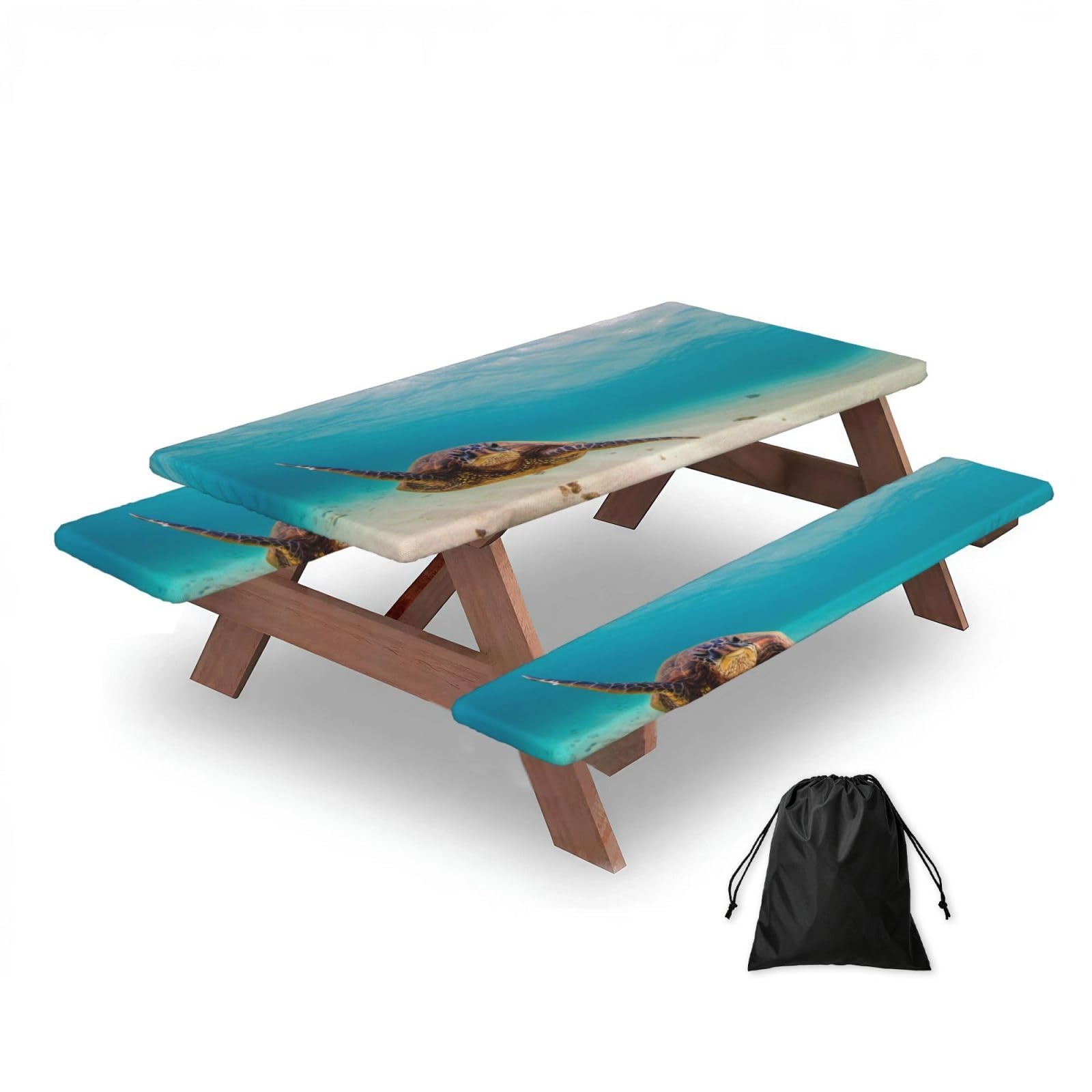 ESNAIUVCD Underwater Diving Sea Turtle Print Picnic Table Cover With Bench Covers,Camping Essentials,Fitted Tablecloth Cover With Elastic Edge, For Indoor & Outdoor 3 Pcs