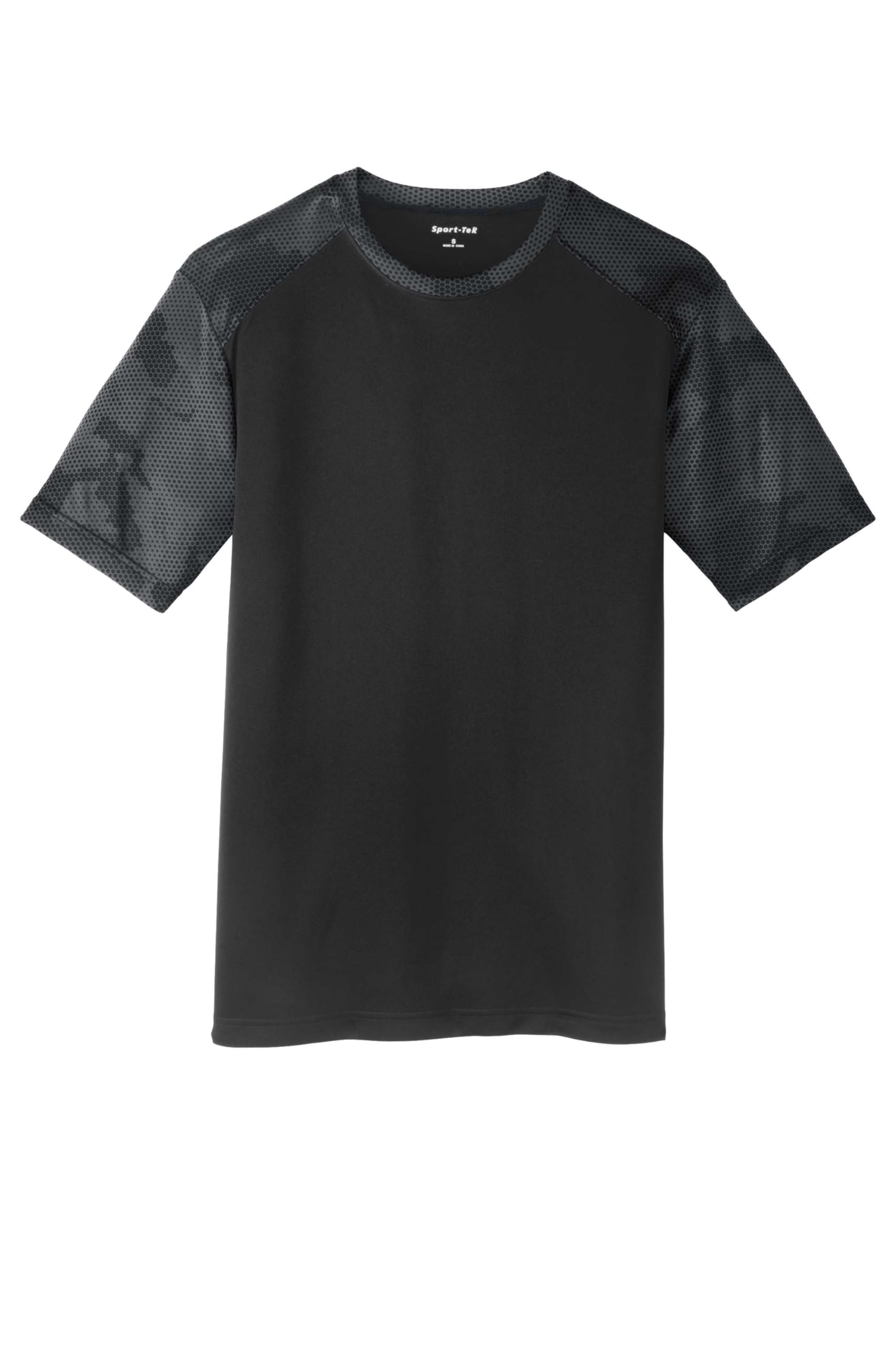 CamoHex Colorblock Tee | Athletic T-Shirt for Men & Women by SPORT-TEK – Small, Polyester, Black/ Iron Grey, Model 1073772