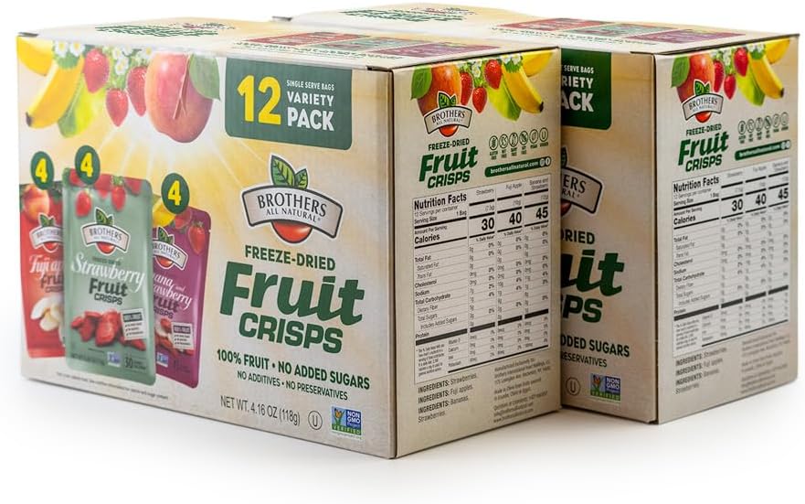 Brothers All Natural Freeze Dried Fruit Crisps, Variety Pack, 24 Single Serve Bags, Fuji Apple, Strawberry, Strawberry and Banana, Made with 100% Fruit, Gluten Free, Soy Free, Vegan, Healthy Snack | Packaging May Vary