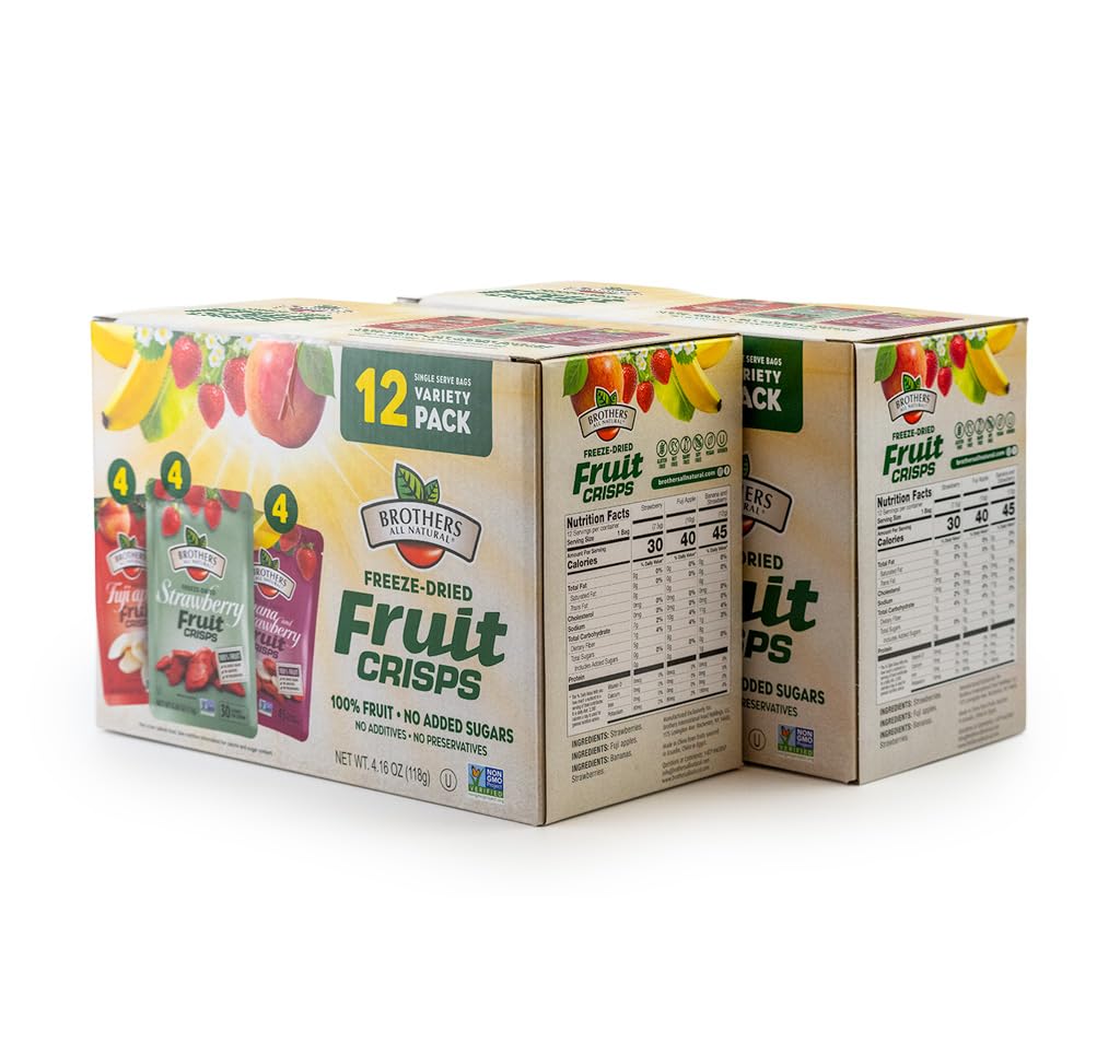 Brothers All Natural Freeze Dried Fruit Crisps, Variety Pack, 24 Single Serve Bags, Fuji Apple, Strawberry, Strawberry and Banana, Made with 100% Fruit, Gluten Free, Soy Free, Vegan, Healthy Snack | Packaging May Vary