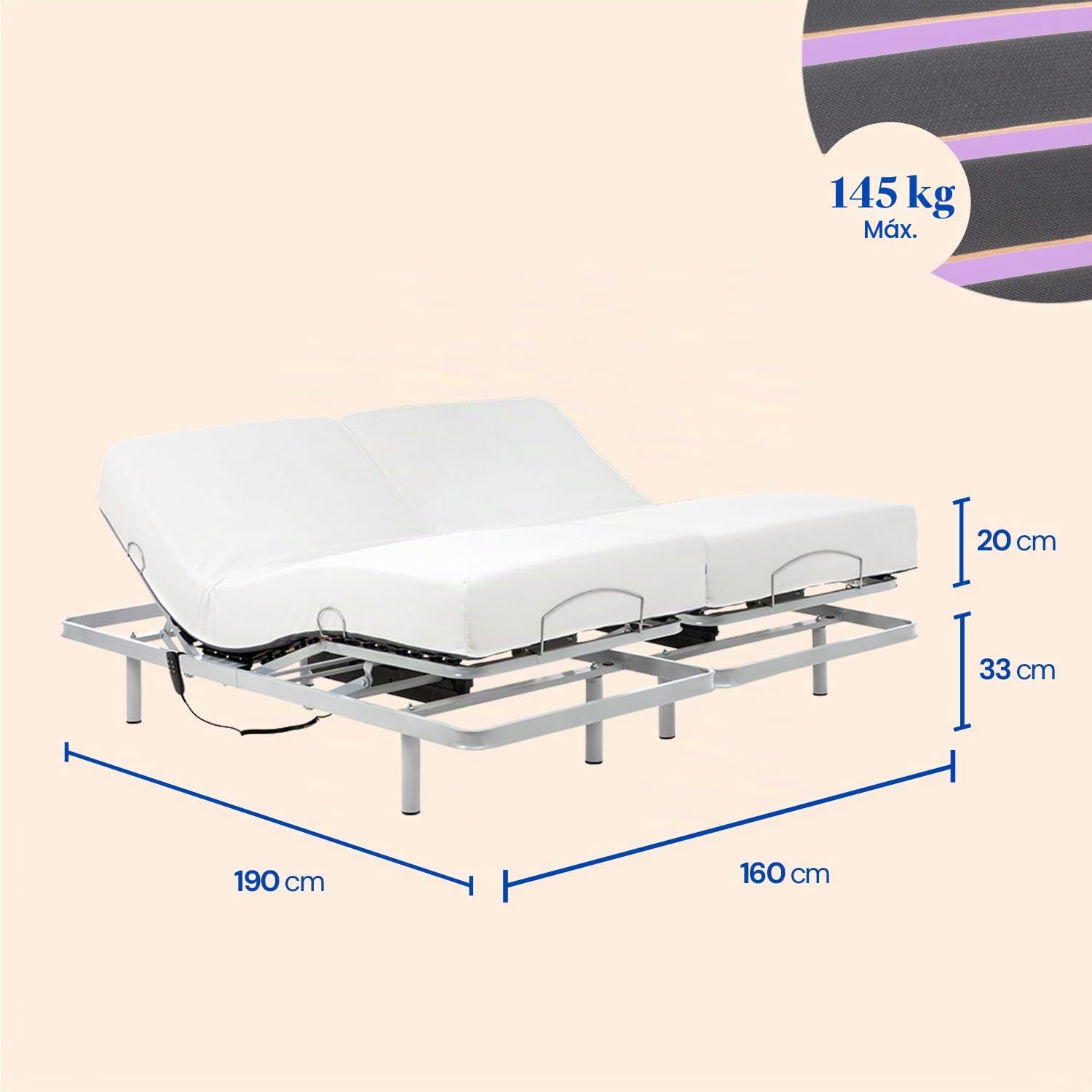 Geriafy - Cama Articulada Doble de Matrimonio con Colchón Visco Tencel (160x190) | Doble lecho independiente, colchones viscoelástico de 20 cm, funda Tencel fresca y transpirable